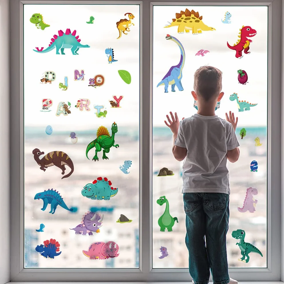 Stickers fenêtre enfant DINOSAURE LETTRES réutilisable 70 pièces autocollant vitres décoratifs animaux jungle