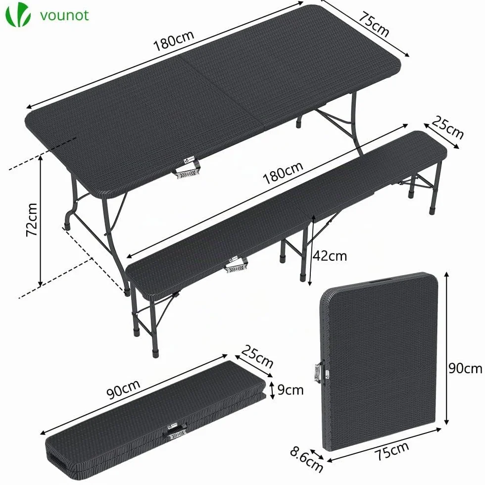 Ensemble Table Pliante et Bancs Pliables Camping 180cm HDPE Polyrotin 8 Places Noir