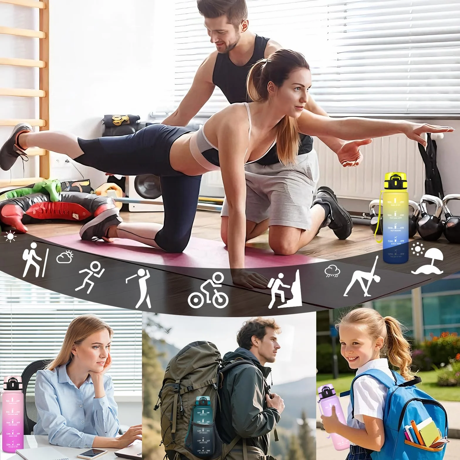Gourde 1l, Gourde Sport, Facile à Nettoyer, Bouteille avec Verrou de Sécurité, Bouteille d'eau Avec Spazzolare, Bouteille Plastique avec Marqueur de Temps, pour Running, École, Sport, Bureau