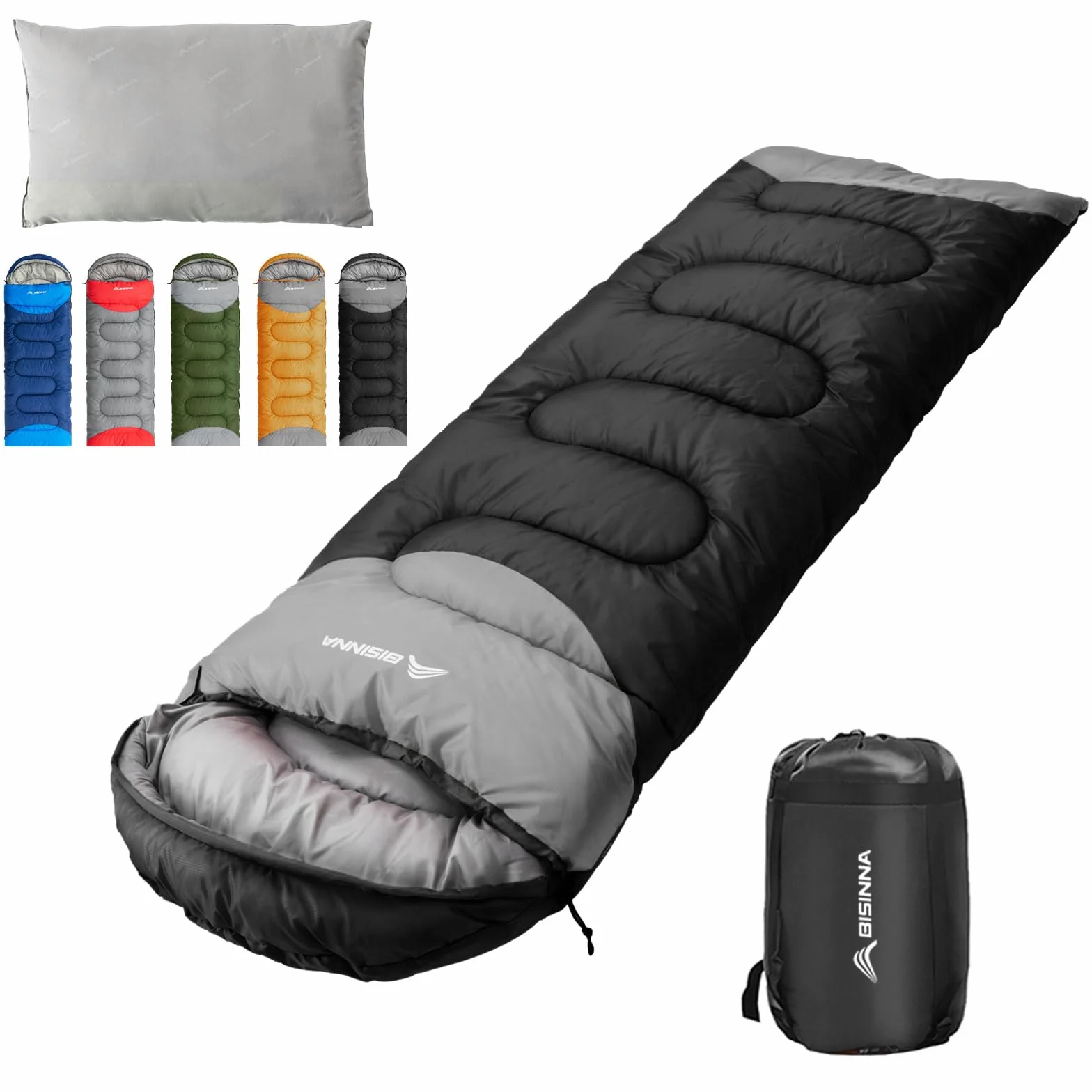 BISINNA Sac de Couchage Chaud Léger 4 Saisons Imperméable avec Oreiller et Sac de Compression pour Camping