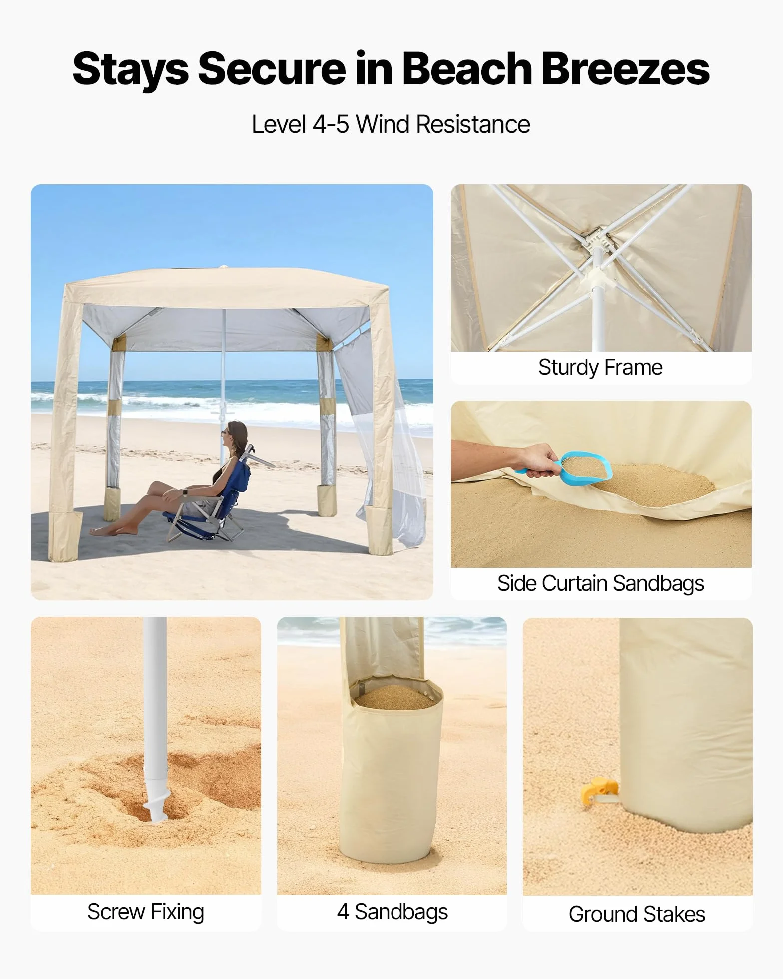 VEVOR Tonnelle de Plage 2,4 x 2,4 m, Abri de Plage avec Parois Latérales et Poches à Sable, Tente Portable pour Camping Extérieur, Protection UPF 50+, Hauteur Réglable, Espace Ombragé Spacieux, Kaki