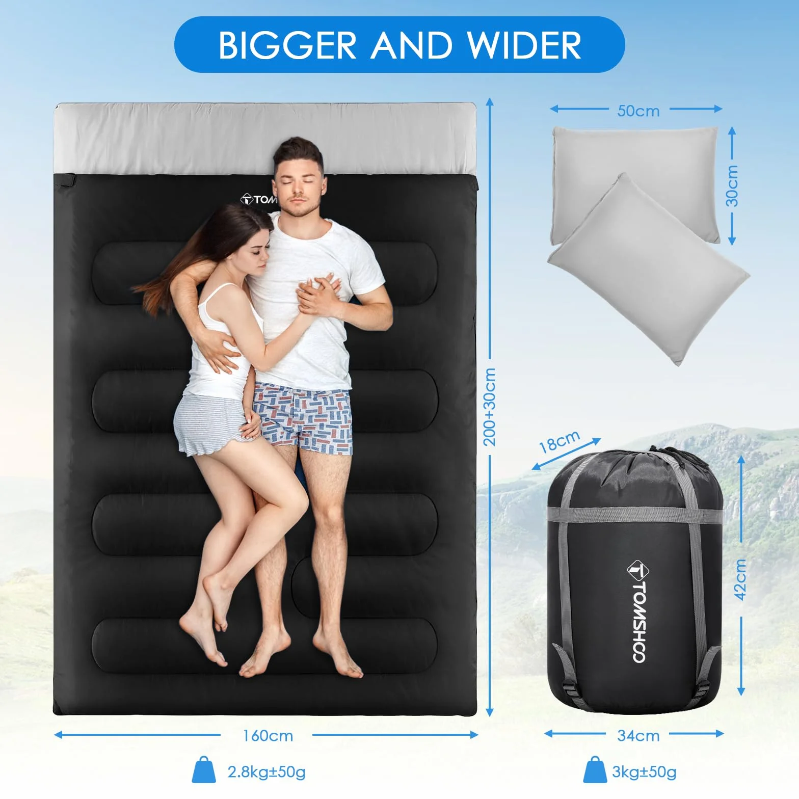 TOMSHOO Sac de Couchage Double 230x160cm Duvet 2 Personnes Rectangulaire Détachable avec 2 Oreillers Camping