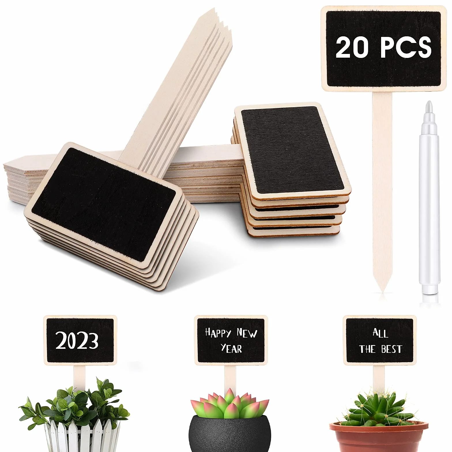 Étiquettes en Bois pour Jardin - Lot de 20 - Tableau Noir avec Stylo - Plantes Intérieur Extérieur