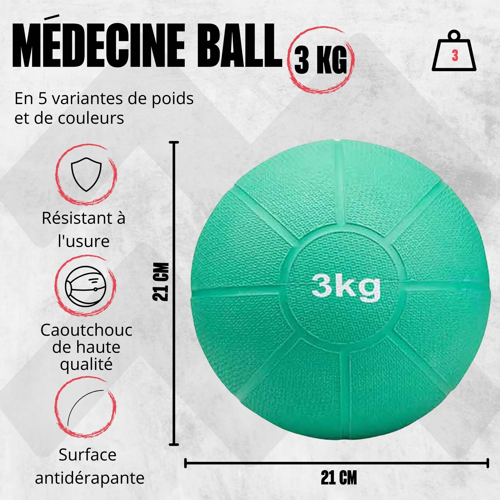 MATCHU - Médecine Ball - Medicine Ball - - Caoutchouc Solide - Disponible en 1, 2, 3, 4 et 5 KG - Disponible en Jaune, Rouge, Vert, Bleu, Noir