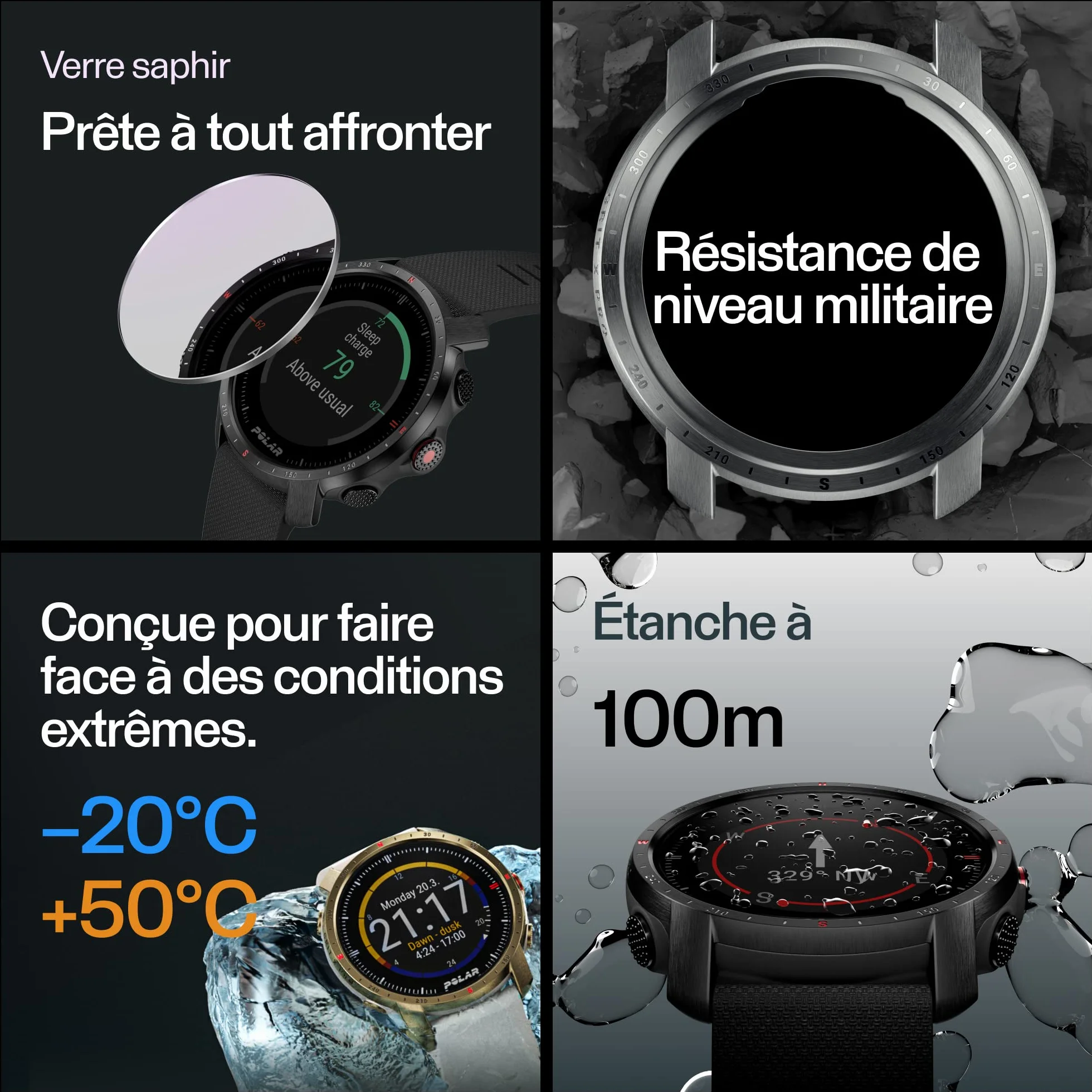 Polar Grit X Pro Montre GPS Multisport Connectée Résistance Militaire Verre Saphir Fréquence Cardiaque Autonomie Prolongée Navigation
