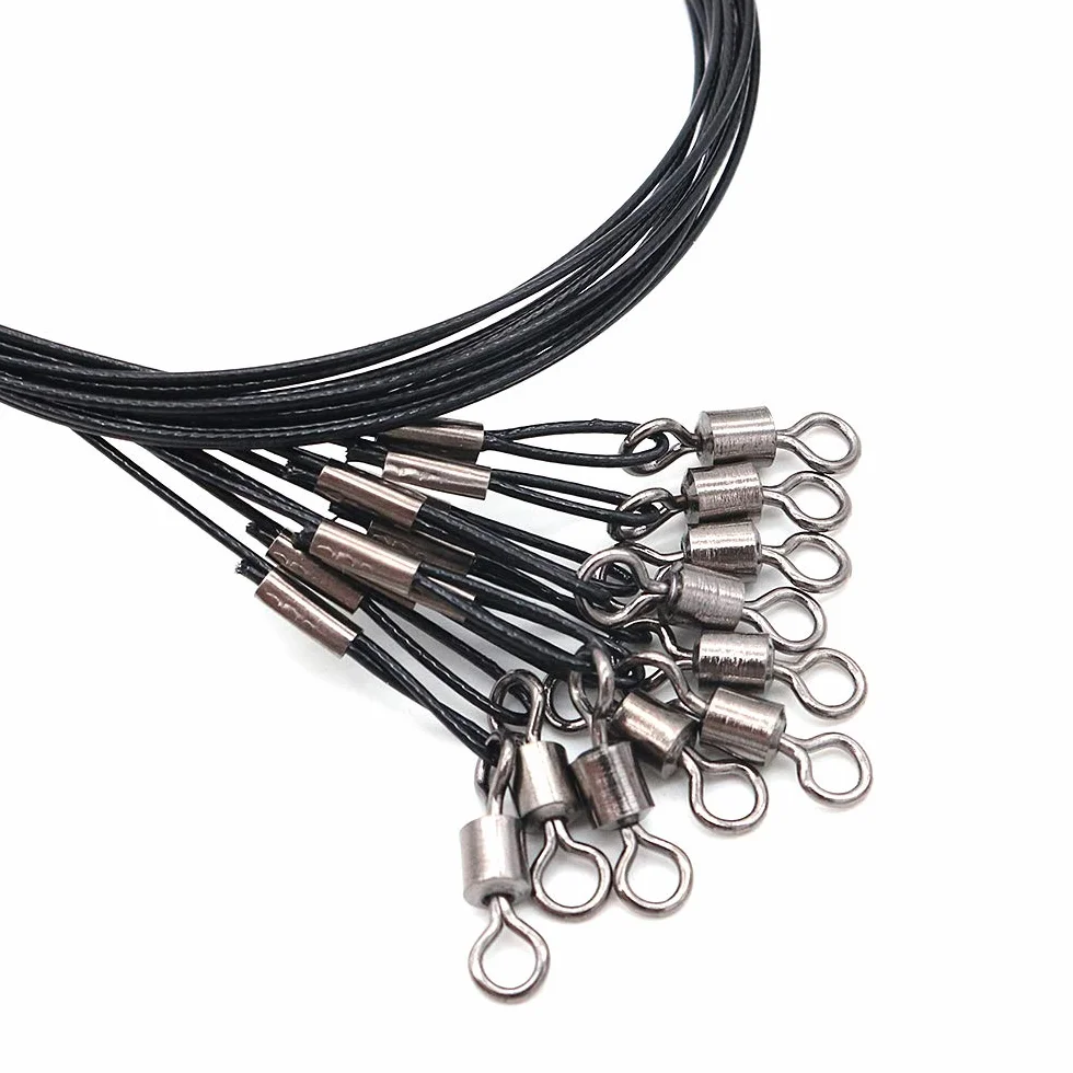 Lot de 20 câbles de pêche en acier inoxydable avec émerillons et boutons-pression, haute résistance pour ligne de pêche – 66,7 kg – Noir