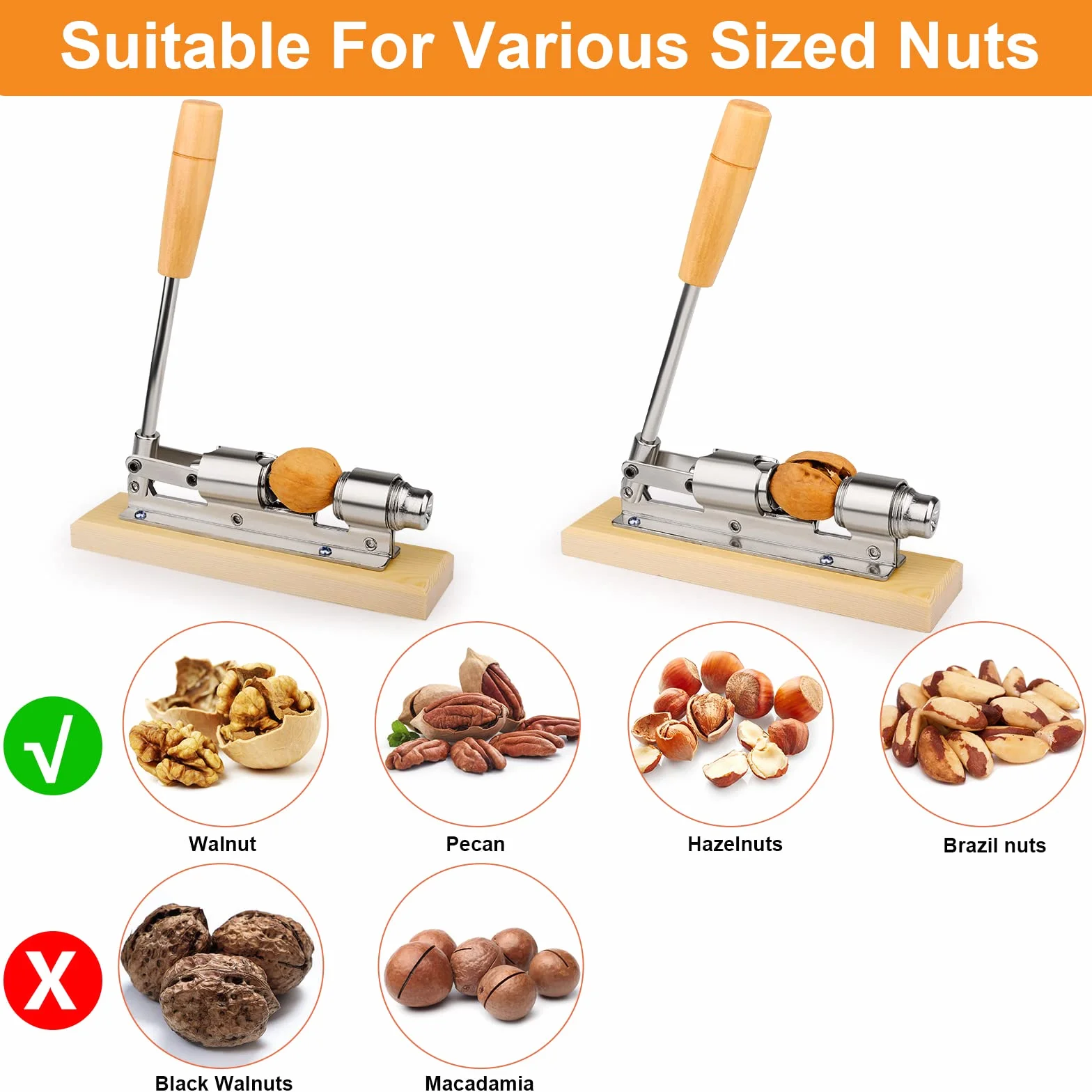 Casse Noix en Acier Inoxydable avec Poignée en Bois - Ouvre-Noix Outil pour Noix, Châtaignes, Amandes