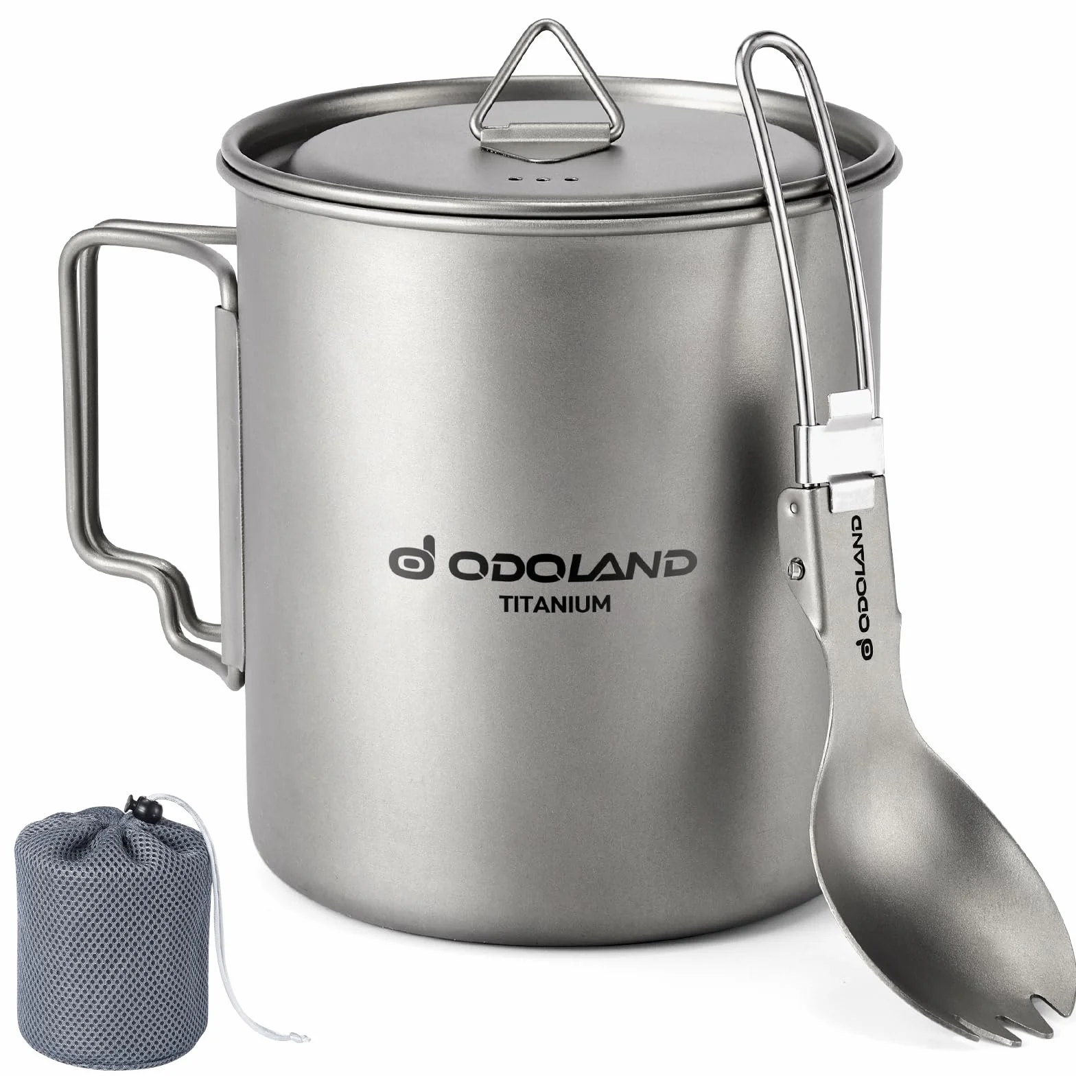 Odoland Pot en titane de 750 ml - Ultra léger - Portable - Tasse de camping avec couvercle et fourchette - Pour camping, randonnée, voyage et randonnée