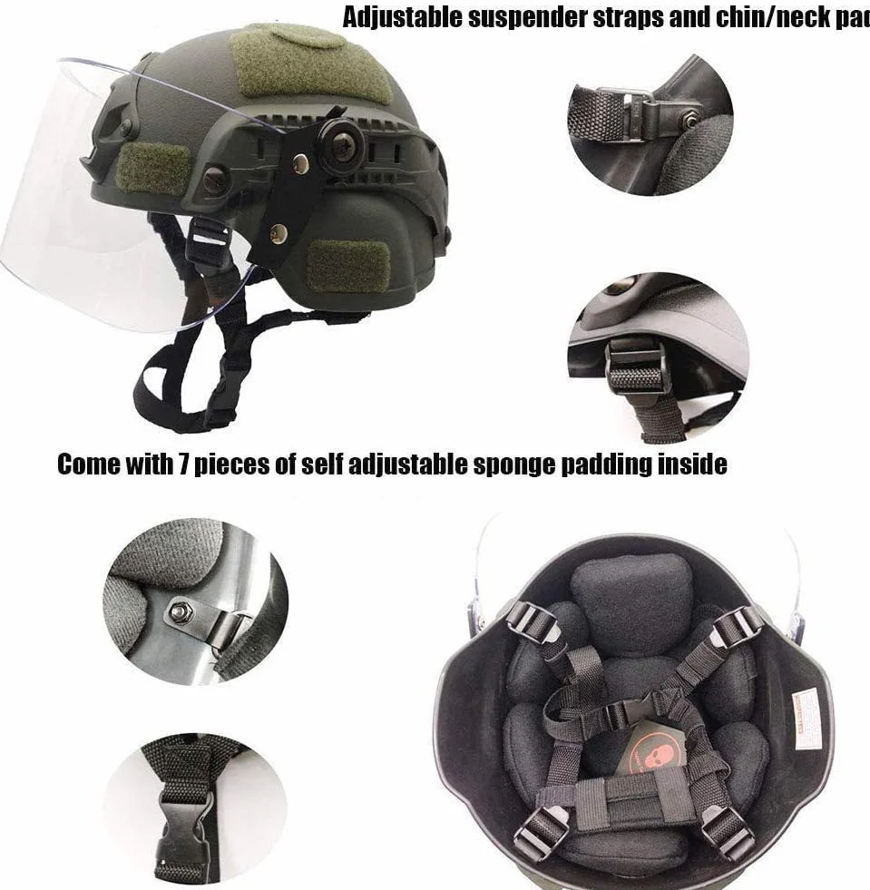 Casque tactique MICH 2000 ACH avec visière transparente NVG support rails latéraux