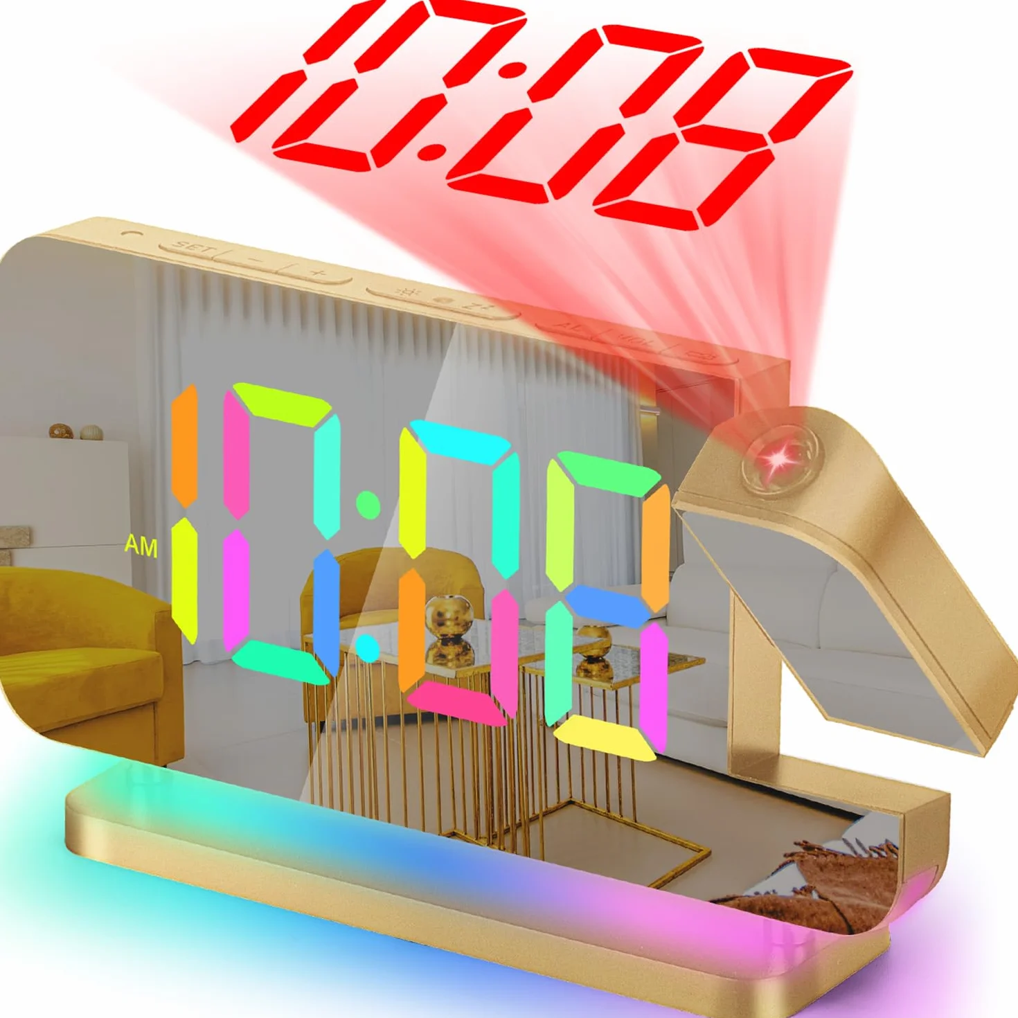 Réveil à projection Miroir LED 7,4" avec veilleuse RVB station de charge USB C projecteur rotatif 180° doré