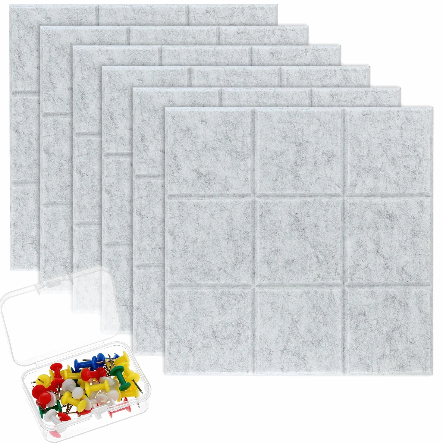QWORK Lot de 6 Panneaux en Feutre Autocollants 30x30x0.9 cm avec 30 Punaises Tableau Mural