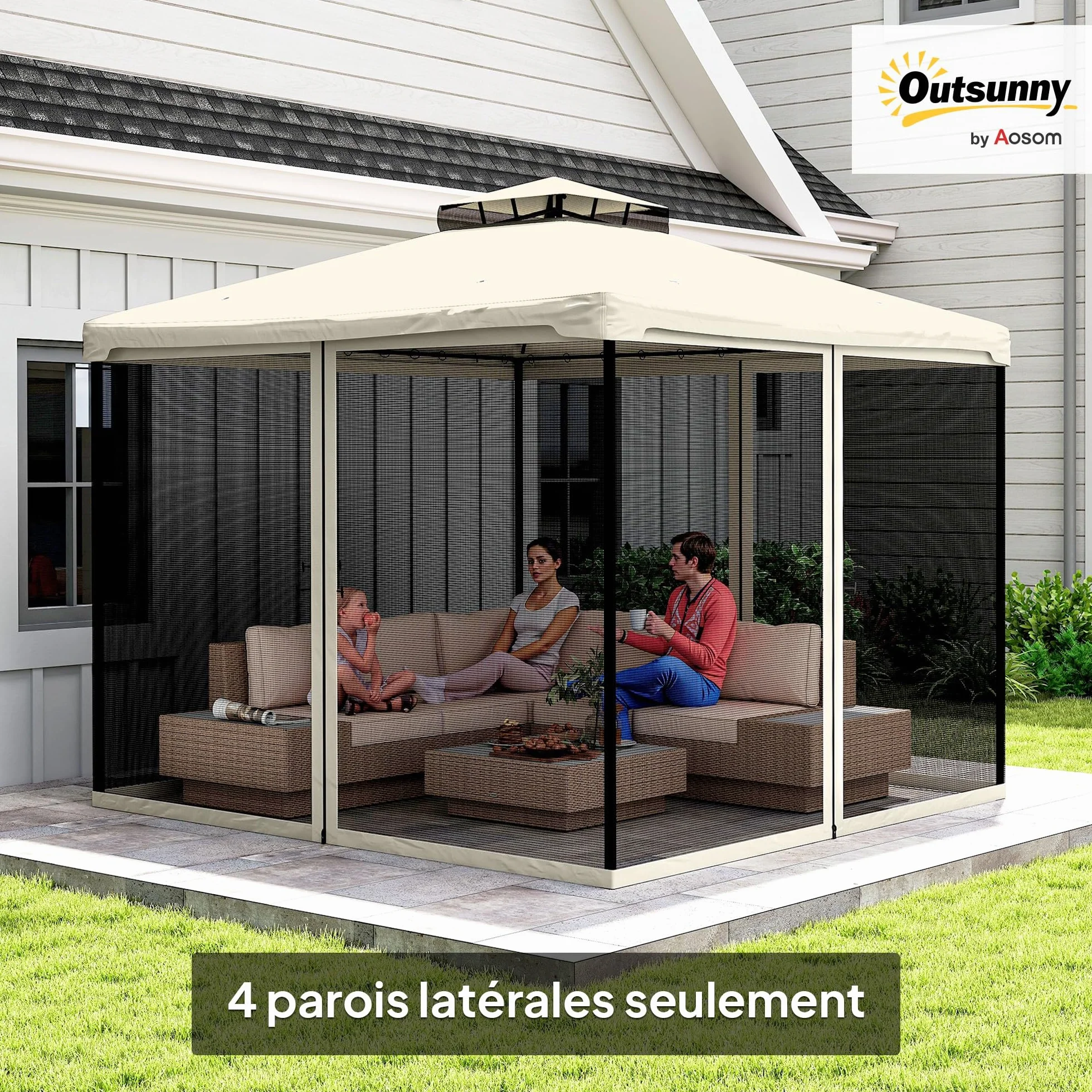 Outsunny Moustiquaires pour tonnelle Barnum pavillon de Jardin 3 x 3 m - Lot de 4 moustiquaires zippées + Crochets d'attaches - Polyester Nylon - Noir et crème