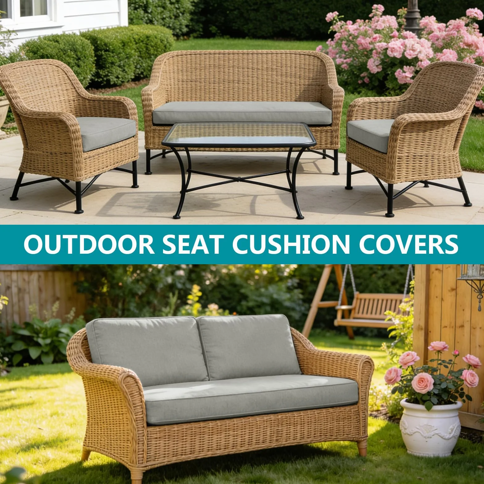Housse Coussin Jardin Exterieur Impermeable Lot de 3 50x50x5cm 107x46x8cm Gris Clair