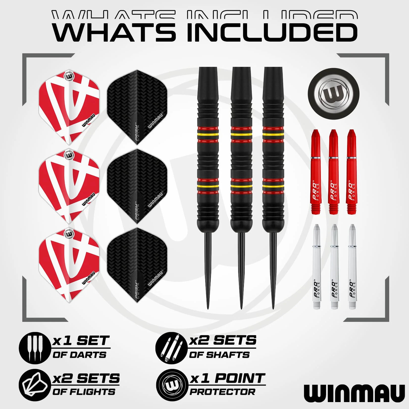WINMAU Outrage Jeu de fléchettes en Laiton 20-23 g avec Plumes prismatiques et tiges (Cas)