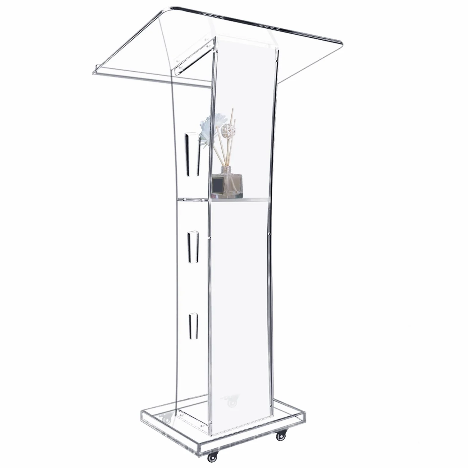 Afitdon Podium en Acrylique Transparent avec Roues et Étagère de Rangement, Chaire d'Église avec 15 Couleurs LED, 68 x 45 x 100 cm