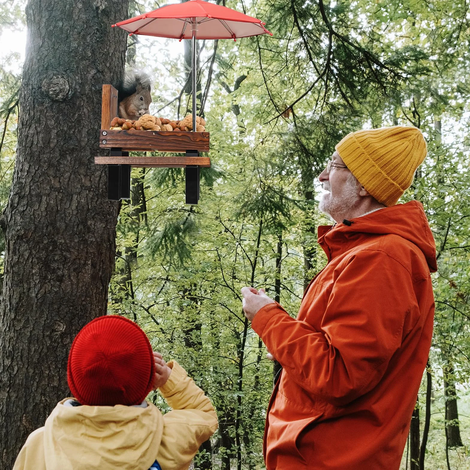 Mangeoire pour Écureuil en Bois avec Support pour Extérieur Jardin Balcon
