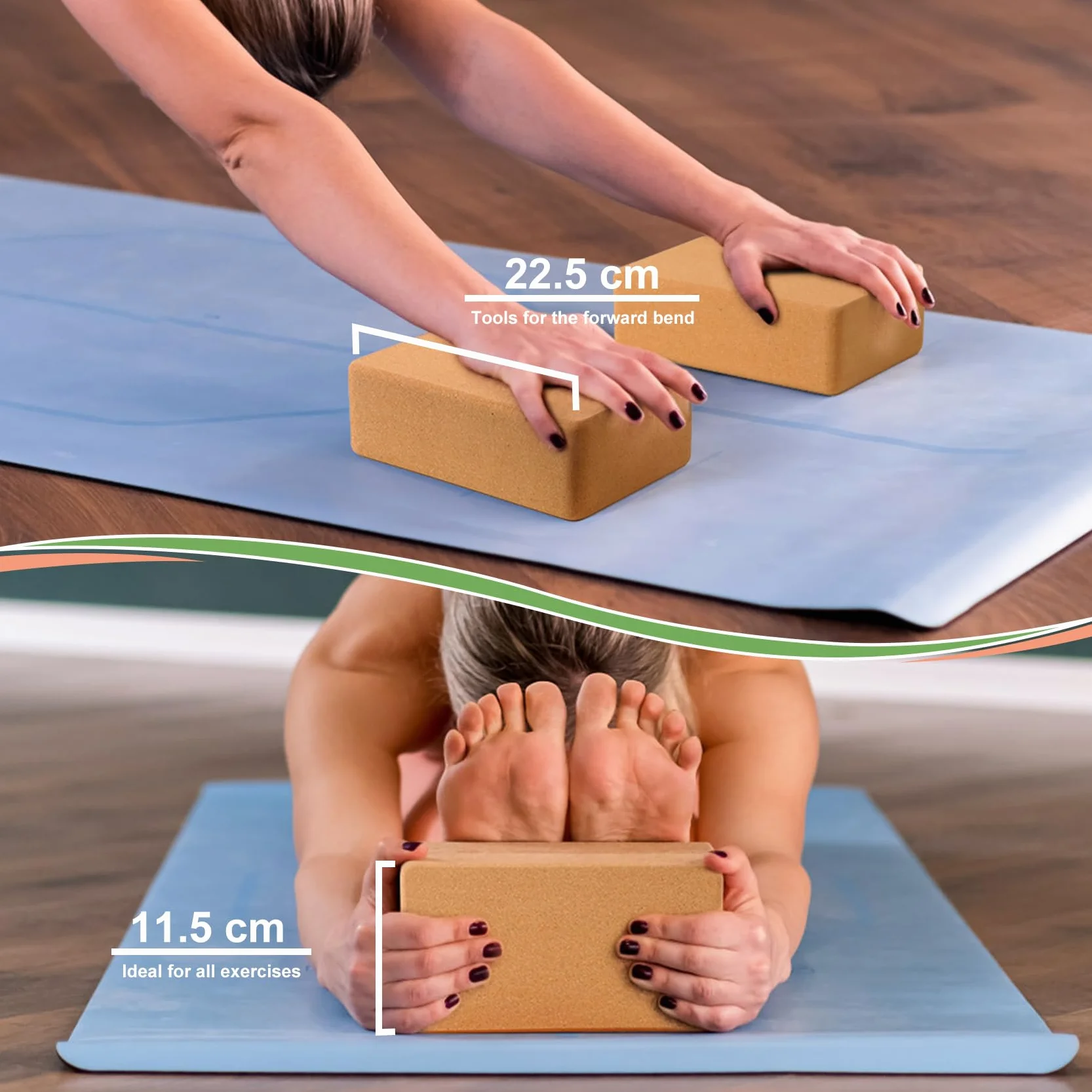 Lot de 2 blocs de yoga en liège - Bloc de yoga en liège naturel - Bloc de yoga pour fitness, pilates, étirement et méditation - Bloc de yoga pour la régénération, le dos, les exercices d'étirement