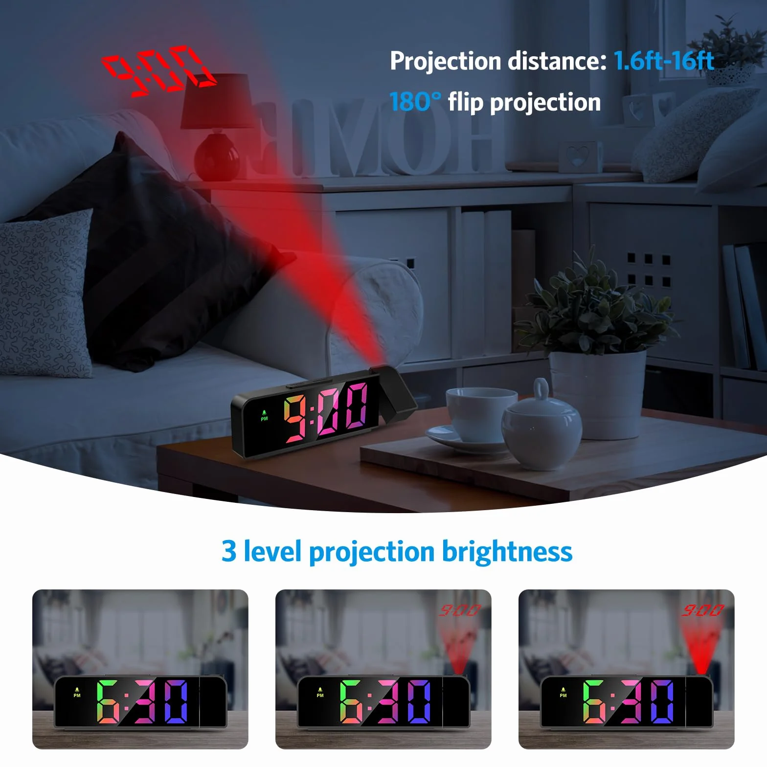 Brifit Reveil Projecteur Plafond 180° Horloge Digitale LED 7.9" 4 Luminosités Réglable Snooze Mode Nuit Température