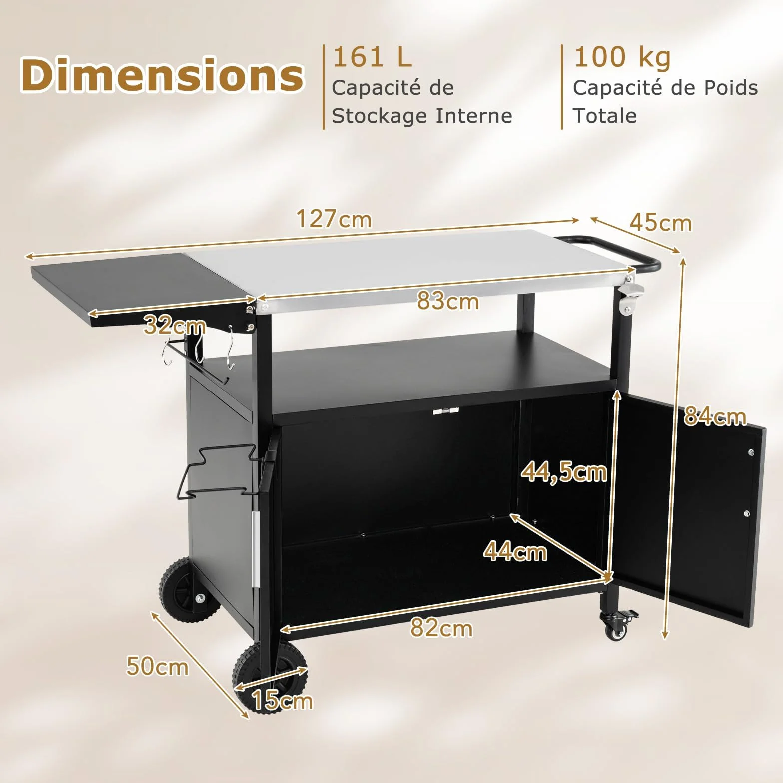 GOPLUS Desserte Jardin 3 Niveaux avec Plan de Travail Pliant, Porte-Serviettes, 6 Crochets, Mobile Préparation Exterieur, Charge 100KG
