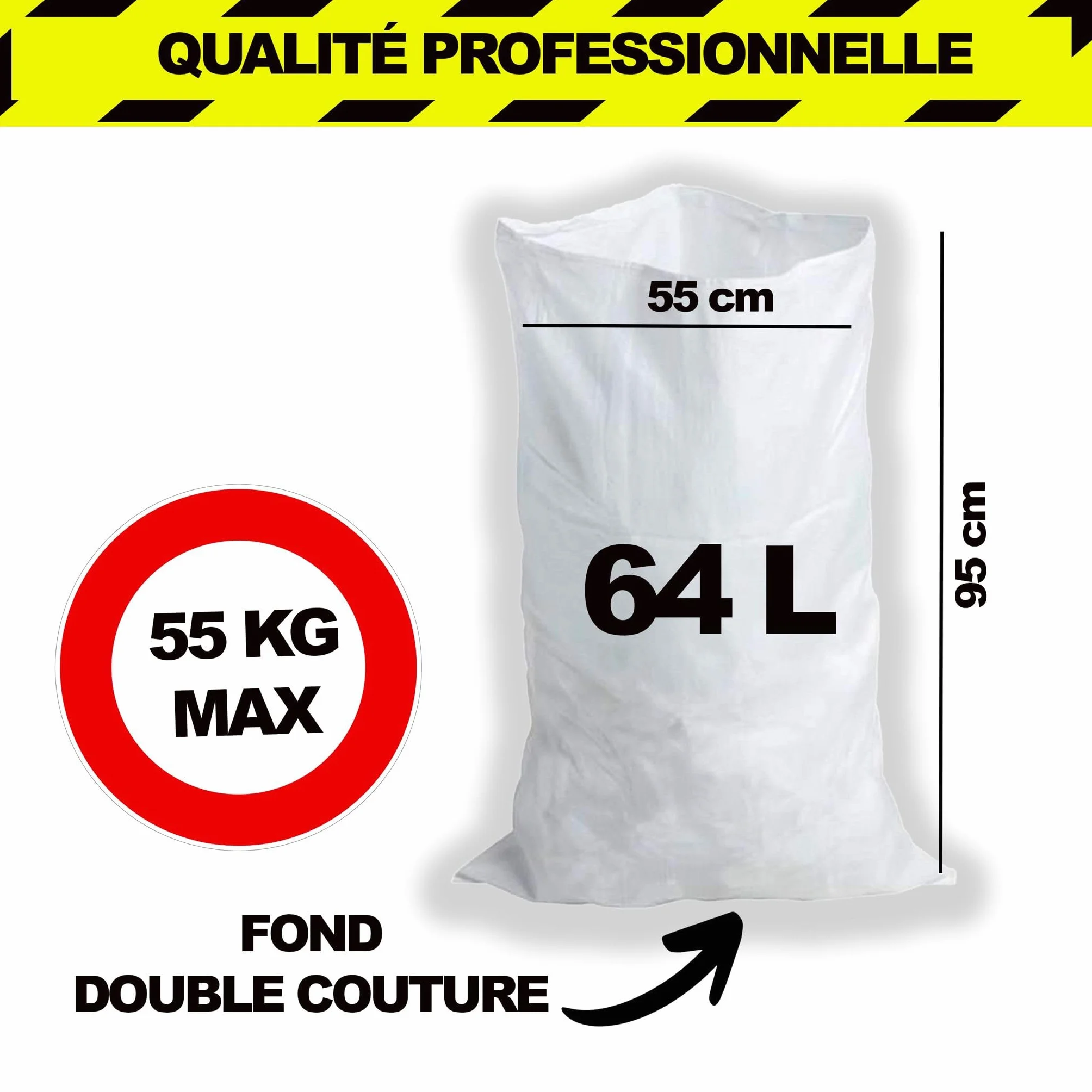 Sacs à Gravats 55 x 95cm 55kg Polypropylène Tissé Blanc Jardinage Chantier