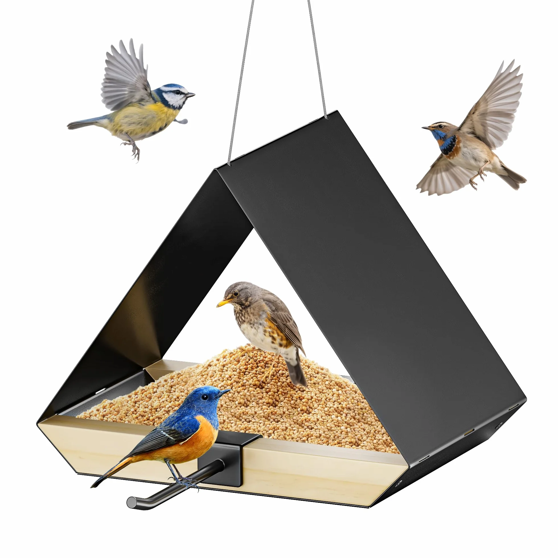 FANHAO Mangeoire à Oiseaux Toit Métal Suspendre Extérieur Maillage Ventilé Facile à Nettoyer Noir