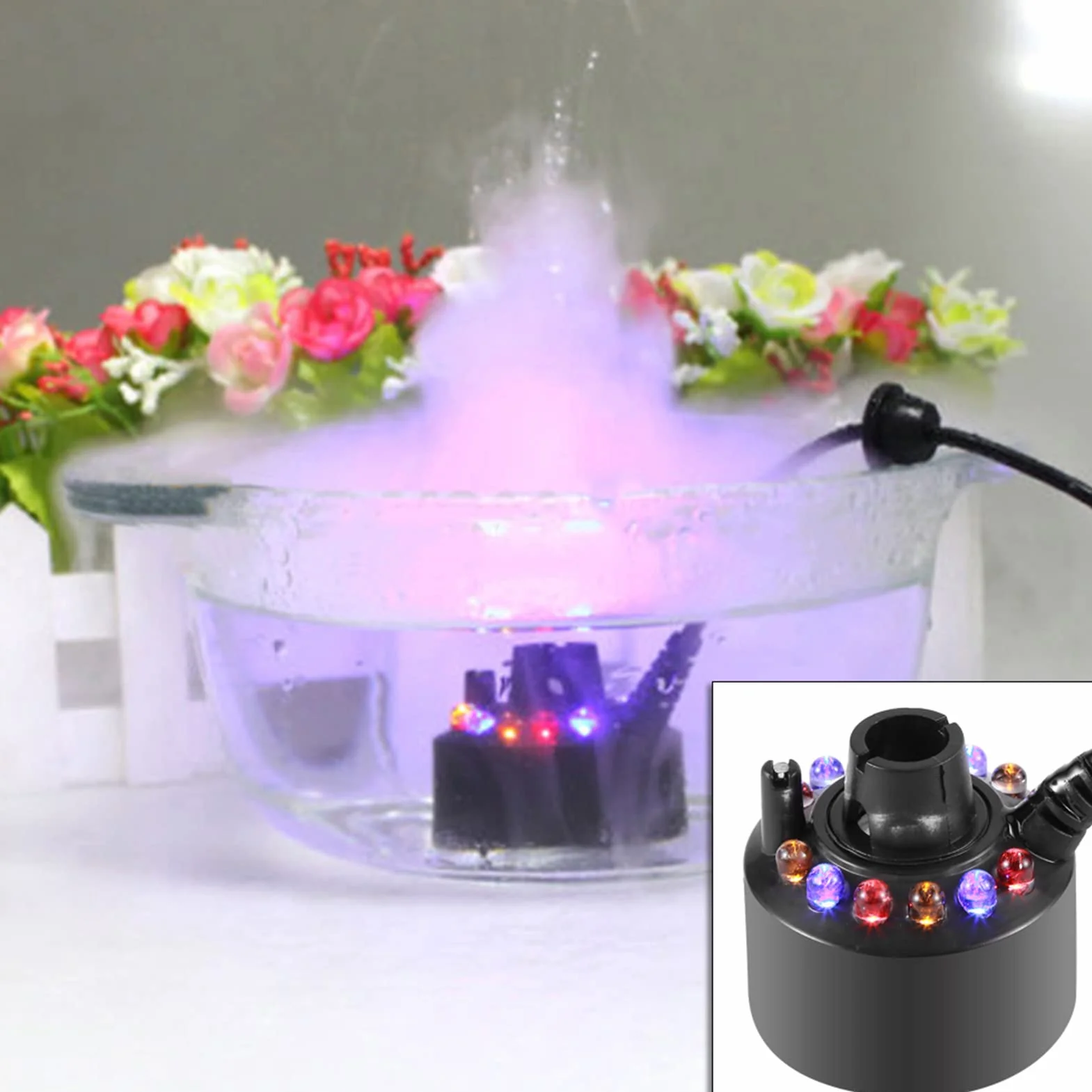 Tbest Brumisateur Ultrason 12LED Coloré Pour Fontaine D'Eau Étang Avec Adaptateur Secteur 110