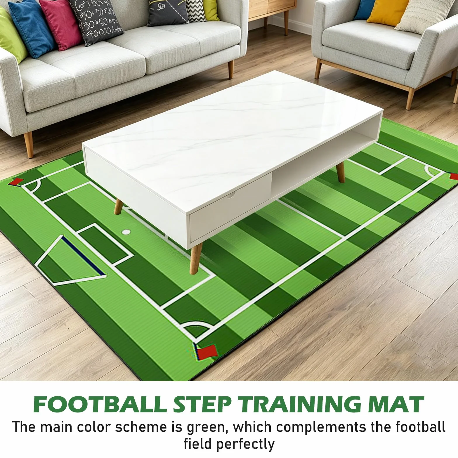 Tapis Chambre Enfant 80x120 CM Football Lavable Anti Derapant Vert