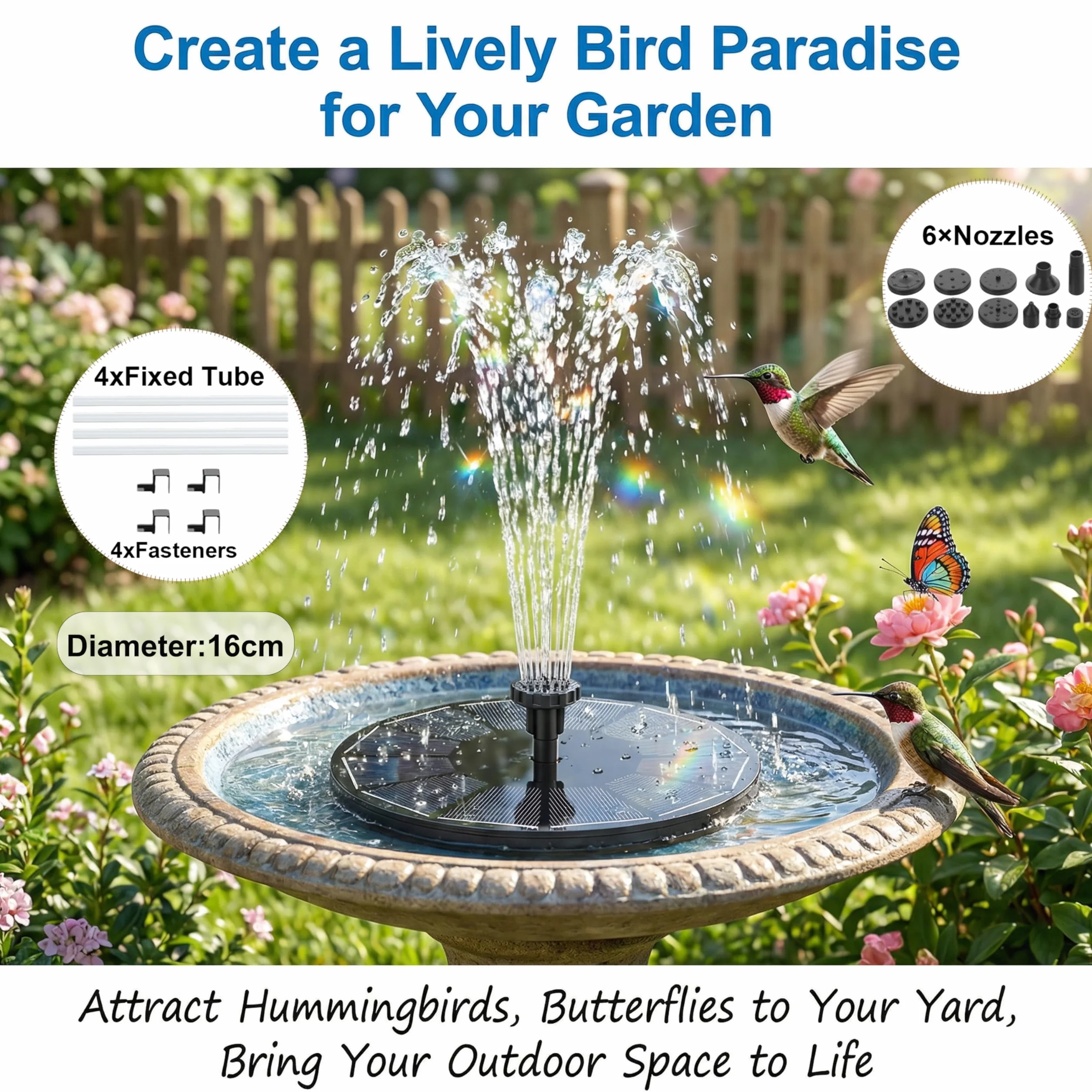 Fontaine Solaire pour Bassin 3,5W intégré 1500mAh Batterie 6 Buses Exterieure Jardin