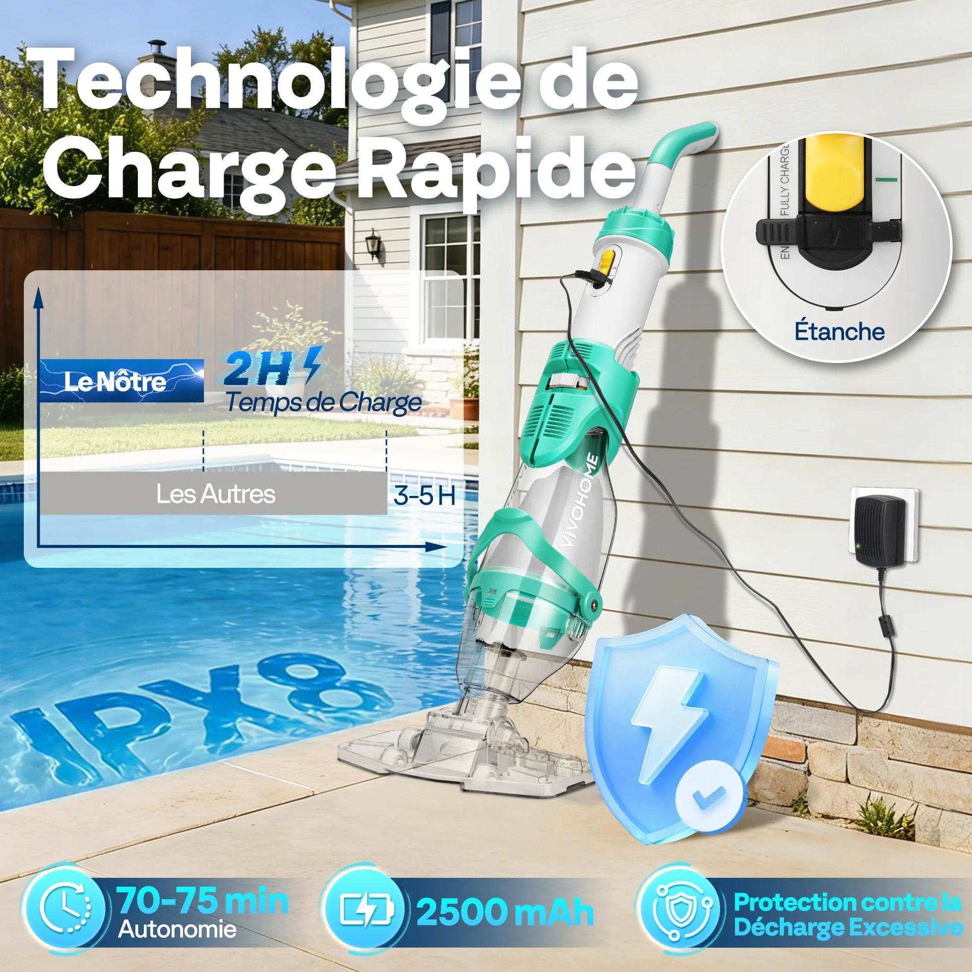 VIVOHOME Aspirateur de Piscine sans Fil 72LPM avec Batterie, Nettoyeur Portable 4 Sacs Filtrants 2,6L, Perche Télescopique 250cm