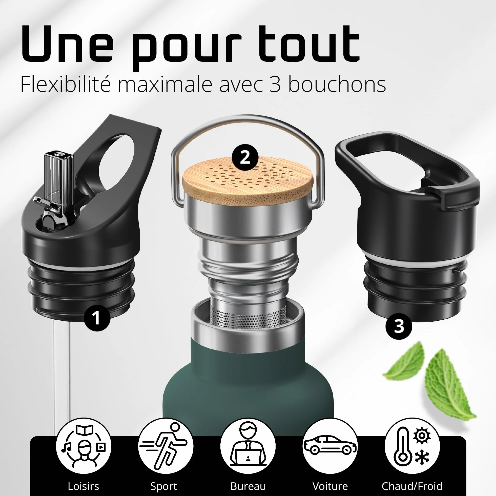 Gourde Inox Isotherme ACTIVE FLASK 1l/500ml sans BPA + Paille (3 Bouchons) | Bouteille d’eau Acier Inoxydable Isolée, Thermos Réutilisable | Camping Velo Sport Running Randonnée Enfant, Café The