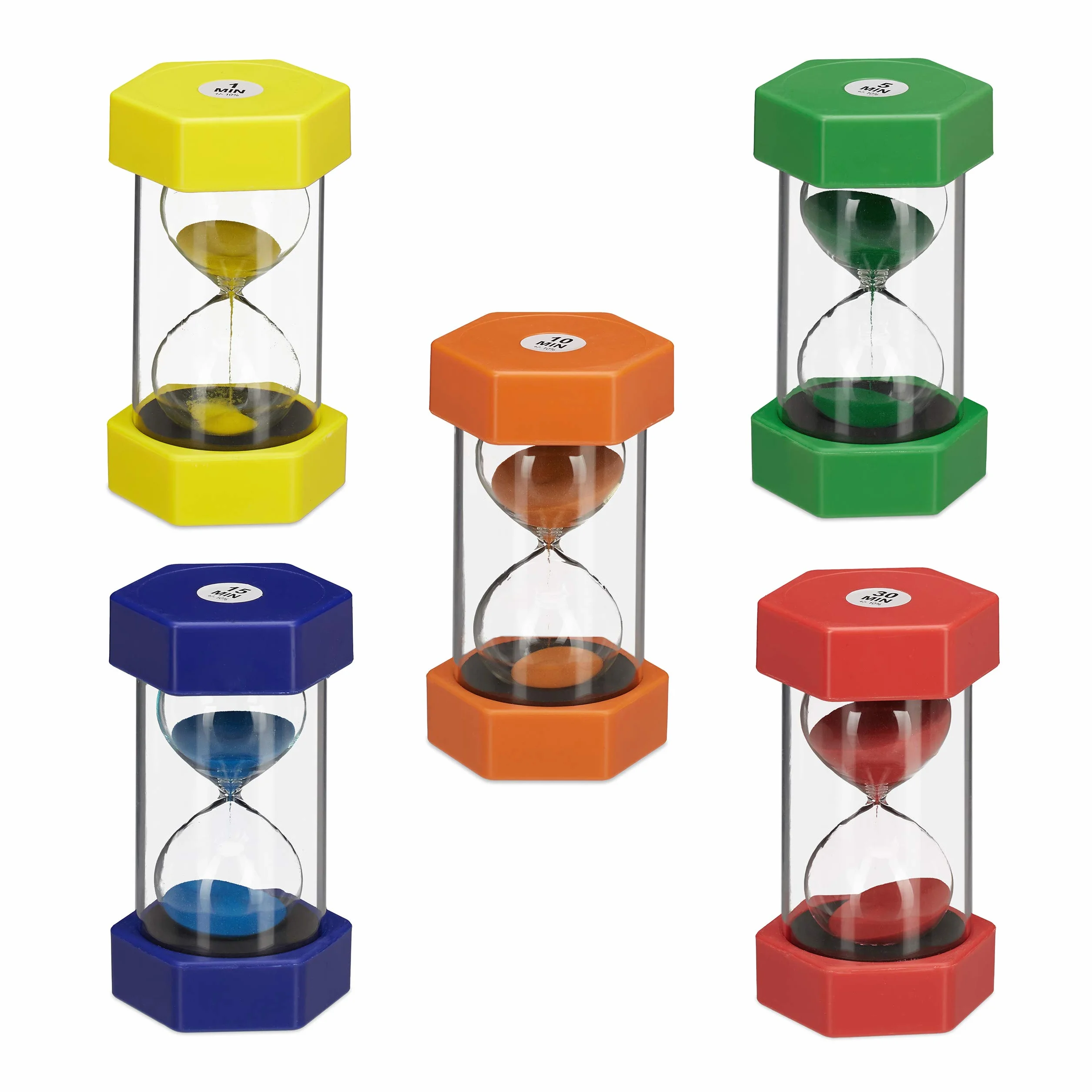 Relaxdays Sabliers lot de 5 XXL pour enfants, Minuteur 1/5/10/15/30 minutes, plastique, verre, incassable, multicolore