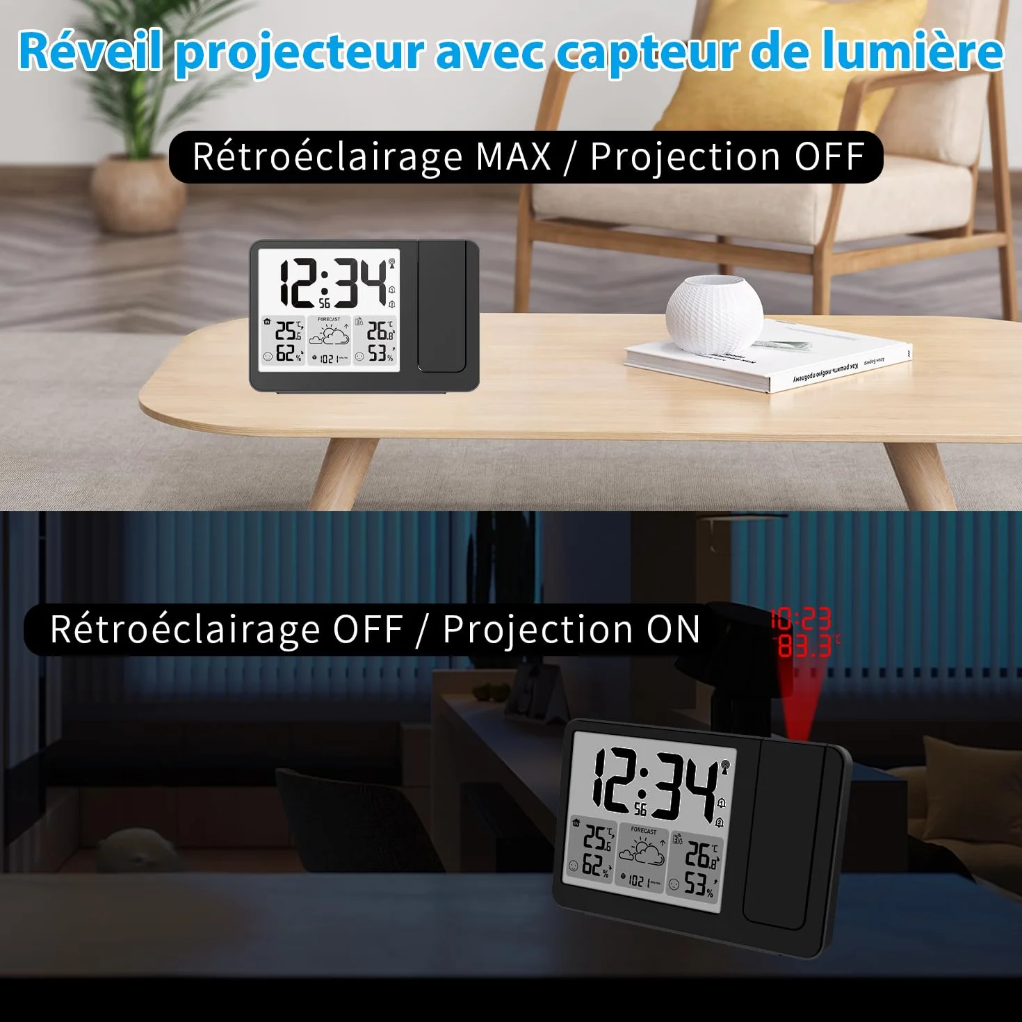 Uzoli EM3539E Réveil à Projection au Plafond avec Station Météo, Horloge Radio-piloté, Projecteur Rotatif 180°, Température, Humidité