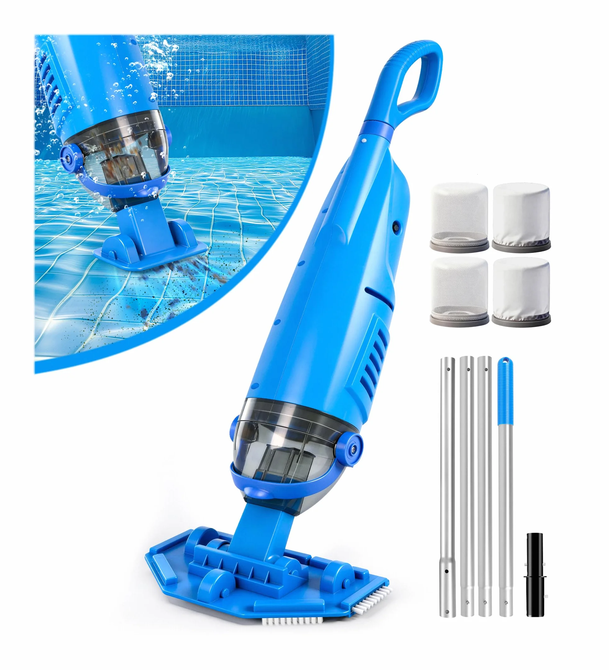 LanBlu Aspirateur Piscine Sans Fil 2.5m 4200L/H Manuel avec Tige Télescopique 4 Filtre