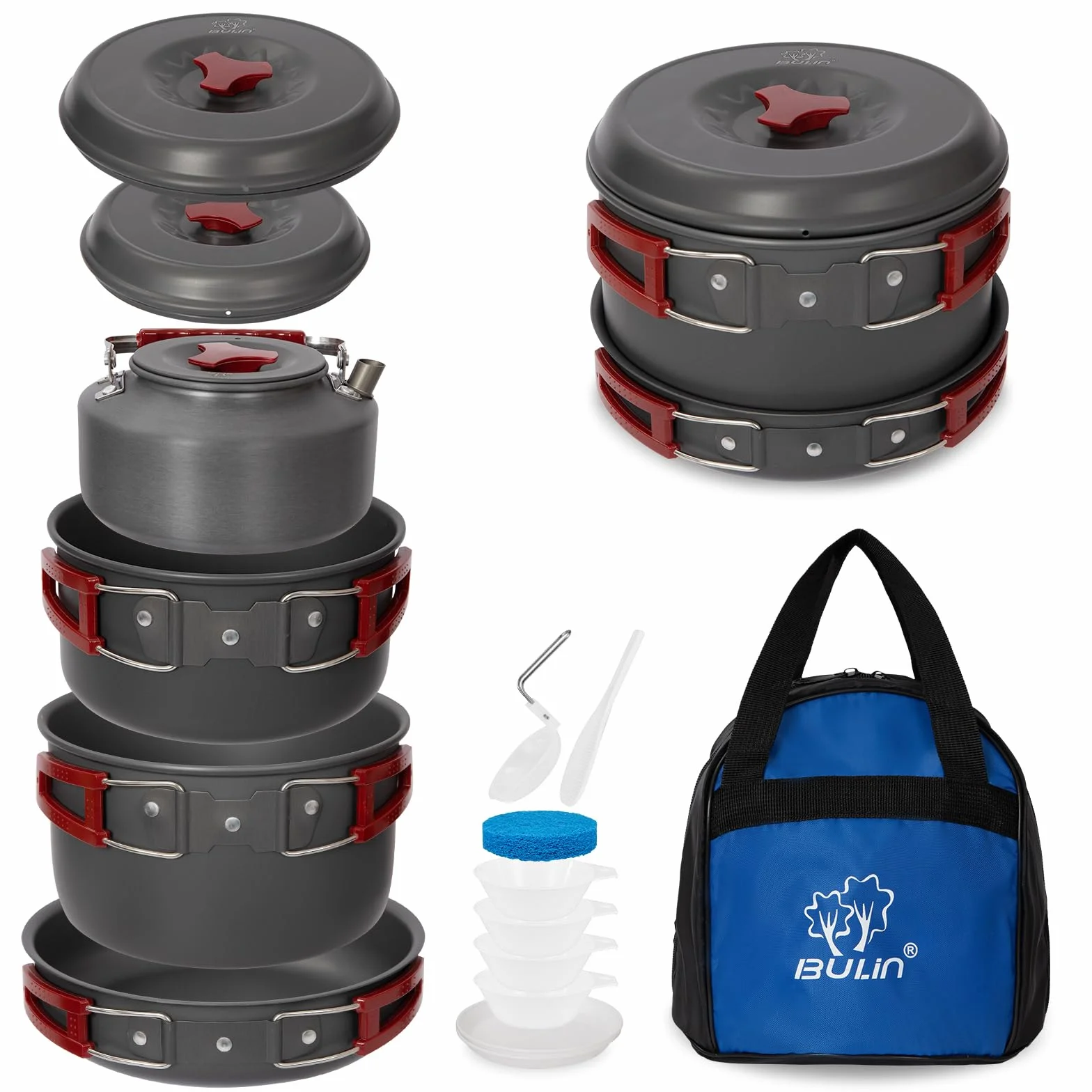 Bulin Set de Cuisine Camping, ustensiles de Camping, casseroles en Aluminium, kit léger avec Couverts Pliables et Bouilloire, pour 1-2-4-6 Personnes, idéal Camping, Outdoor, Pique-Nique