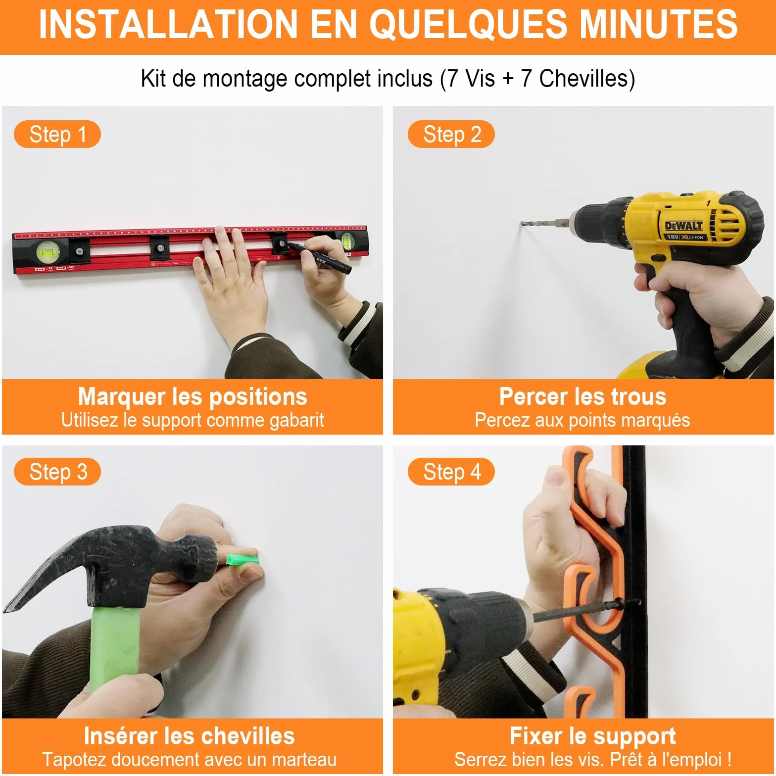 Support Canne a Peche Mural 2 Pièces, Rangement Horizontal pour 10 Cannes avec Protection PU Souple, Noir/Jaune