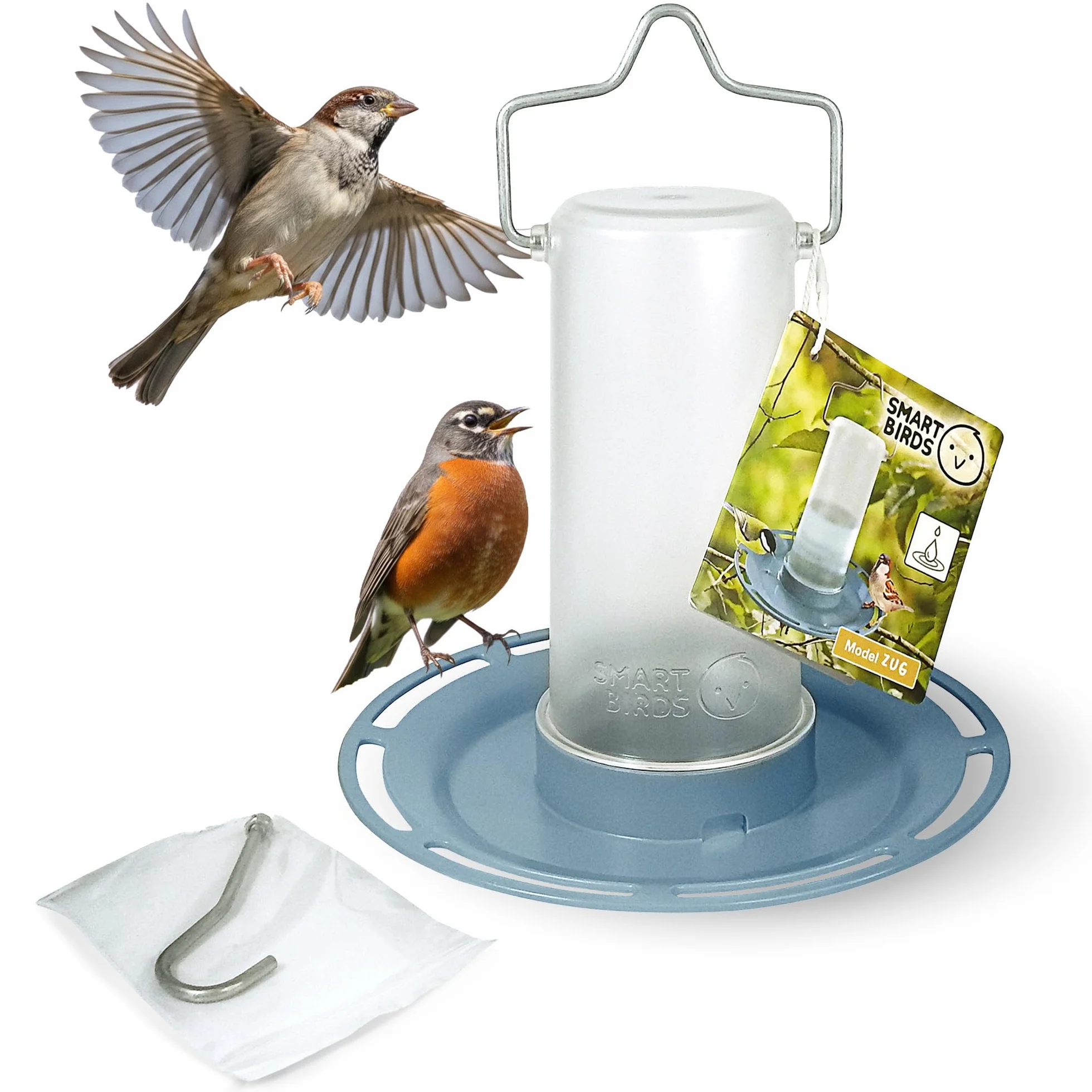 SWISSINNO Abreuvoir pour Oiseaux Zug Smart Birds Bleu Clair – Résistant aux UV Plastique PC et ASA Robuste – Distributeur d’Eau Balcon Terrasse Jardin