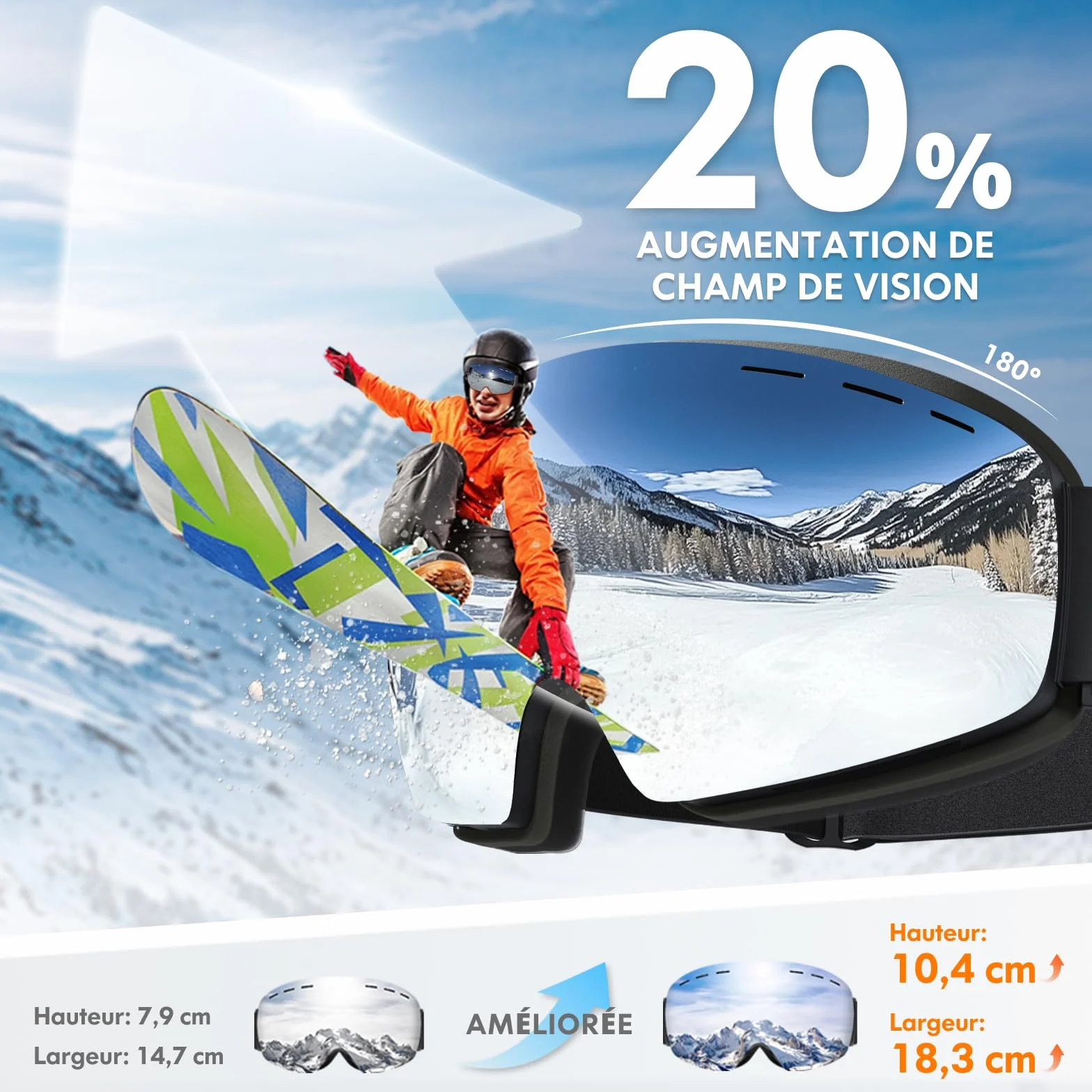 DADA-PRO Masque de Ski OTG Verre Sphérique Ultra HD Anti-Buée UV400 Protection Compatible Casque