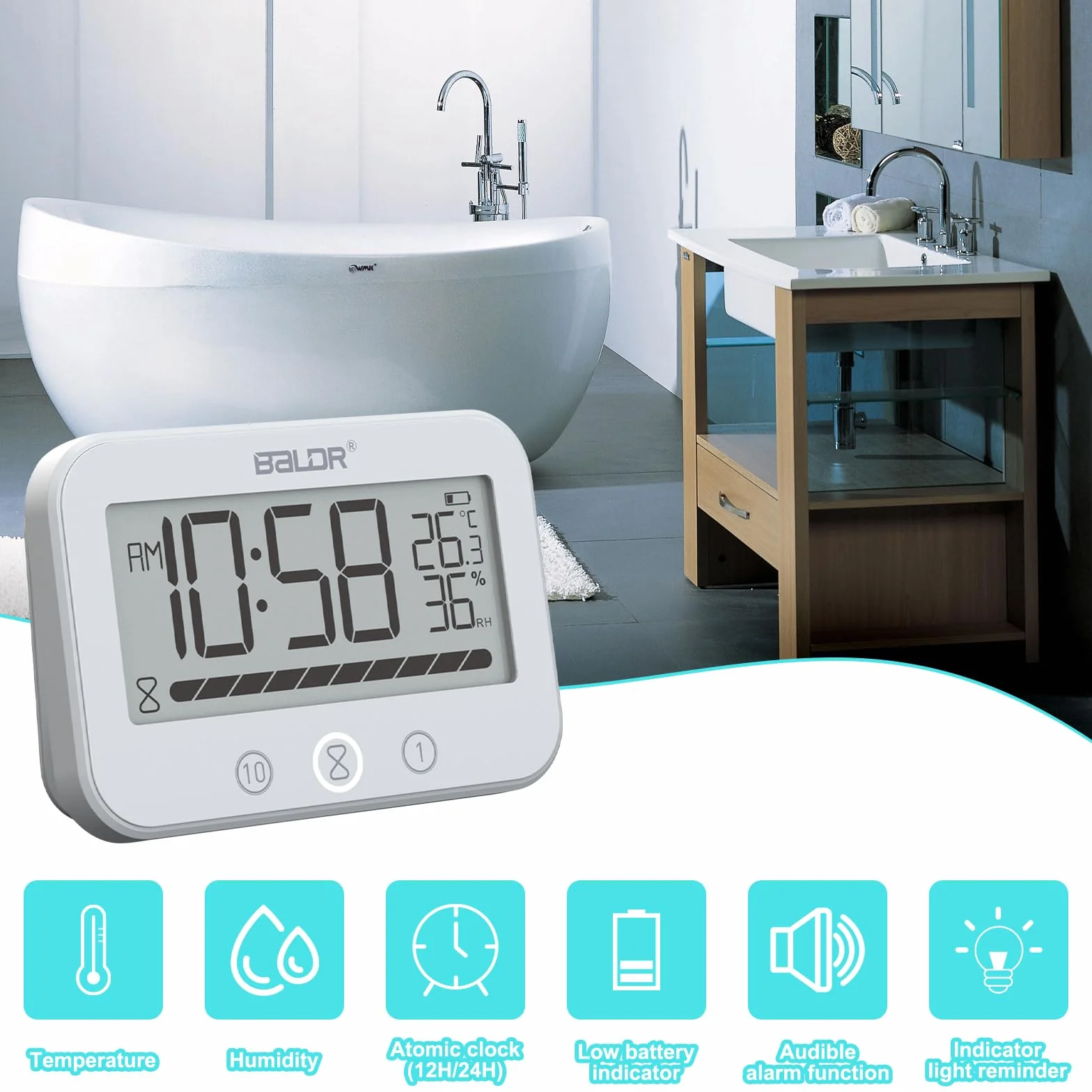 Horloge de salle de bain numérique étanche IP54 avec température, humidité, compte à rebours 99 min et alarme