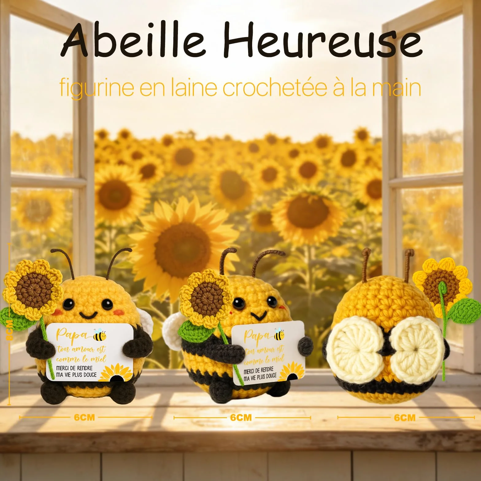 Cadeau Fête des Pères Abeille Heureuse Tournesols Fait Main au Crochet Décoration Maison
