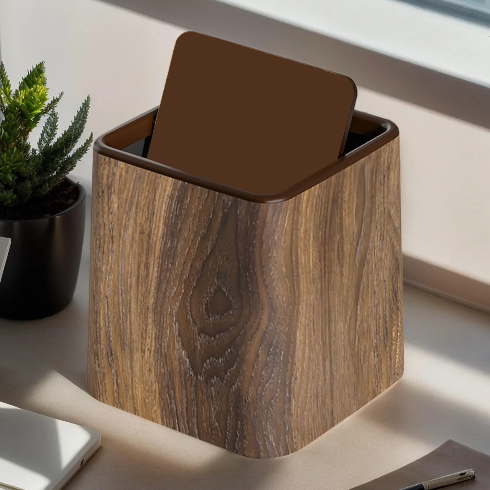 Poubelle De Bureau Avec Couvercle Imitation Bois 14.7x14.7x15.3cm Corbeille Recyclage Rétro