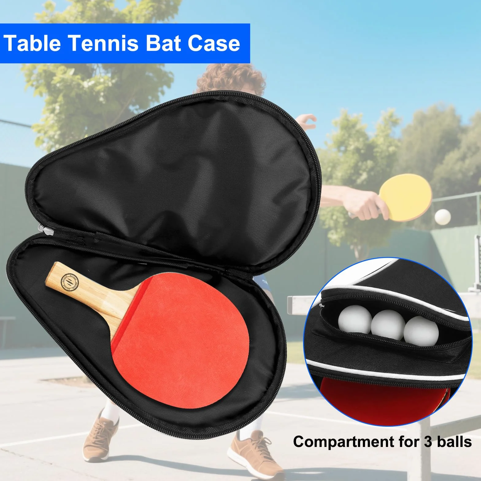 Pochette raquette ping pong imperméable pour 2 raquettes et 3 balles avec porte-clés noire