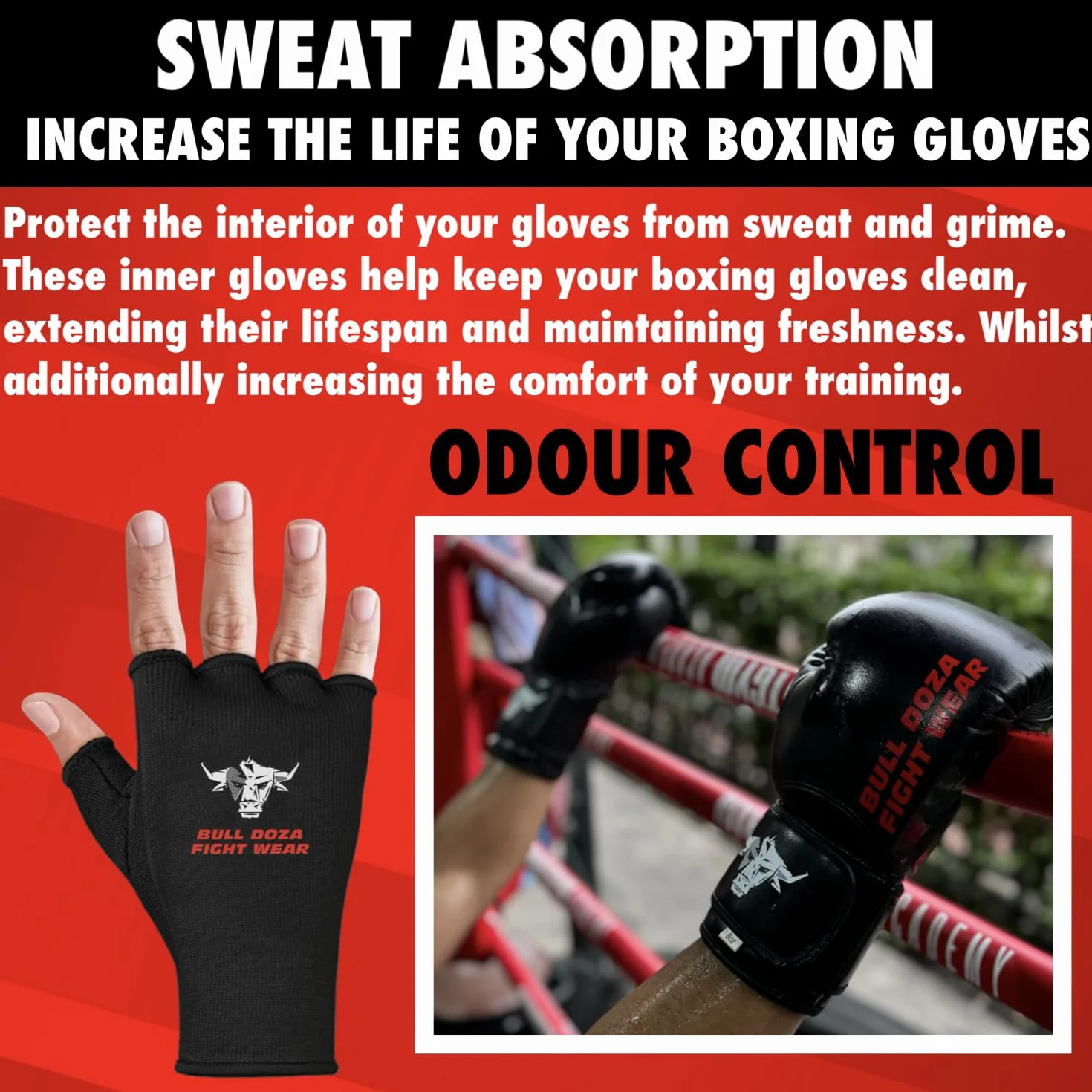 Quatre Tailles – Gants de Boxe pour Boxe – Demi-Doigt élastique sous Les Gants de Protection Contre Les odeurs – Idéal pour MMA, Muay Thai, Kickboxing, Arts Martiaux, Sports de Combat