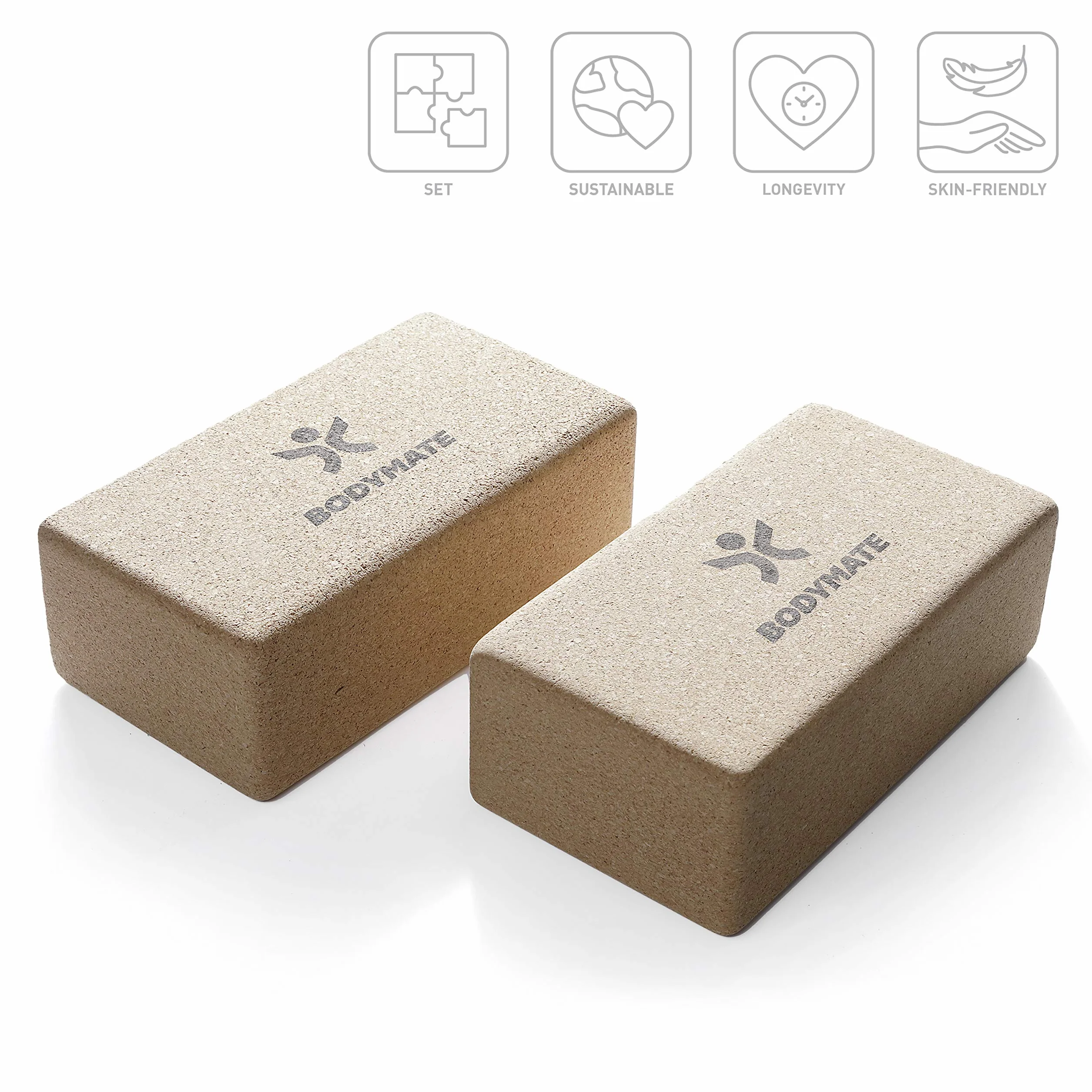 BODYMATE Lot de 2 blocs de yoga en liège 100% naturel et écologique, support pour asanas, méditation, exercices de relaxation, pour débutants et pro, 22 x 12 x 7,5 cm