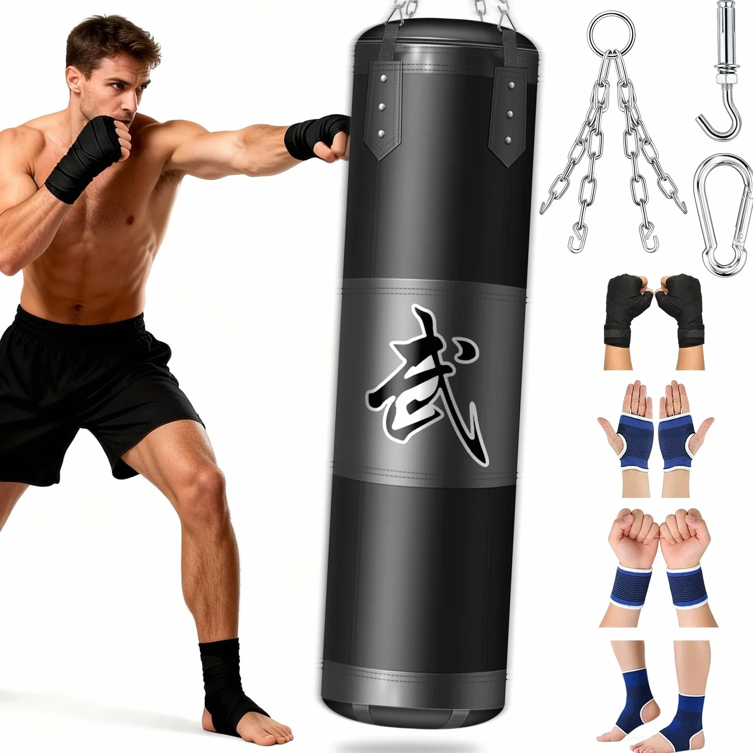 Sac de Frappe Suspendu pour Adultes, Adolescents et Enfants, 120 cm en Tissu Oxford, avec Crochet de Plafond, Chaîne, Bandes, Protège-Poignets pour MMA, Karaté, Kickboxing, Boxe Home-Gym (Non Rempli)