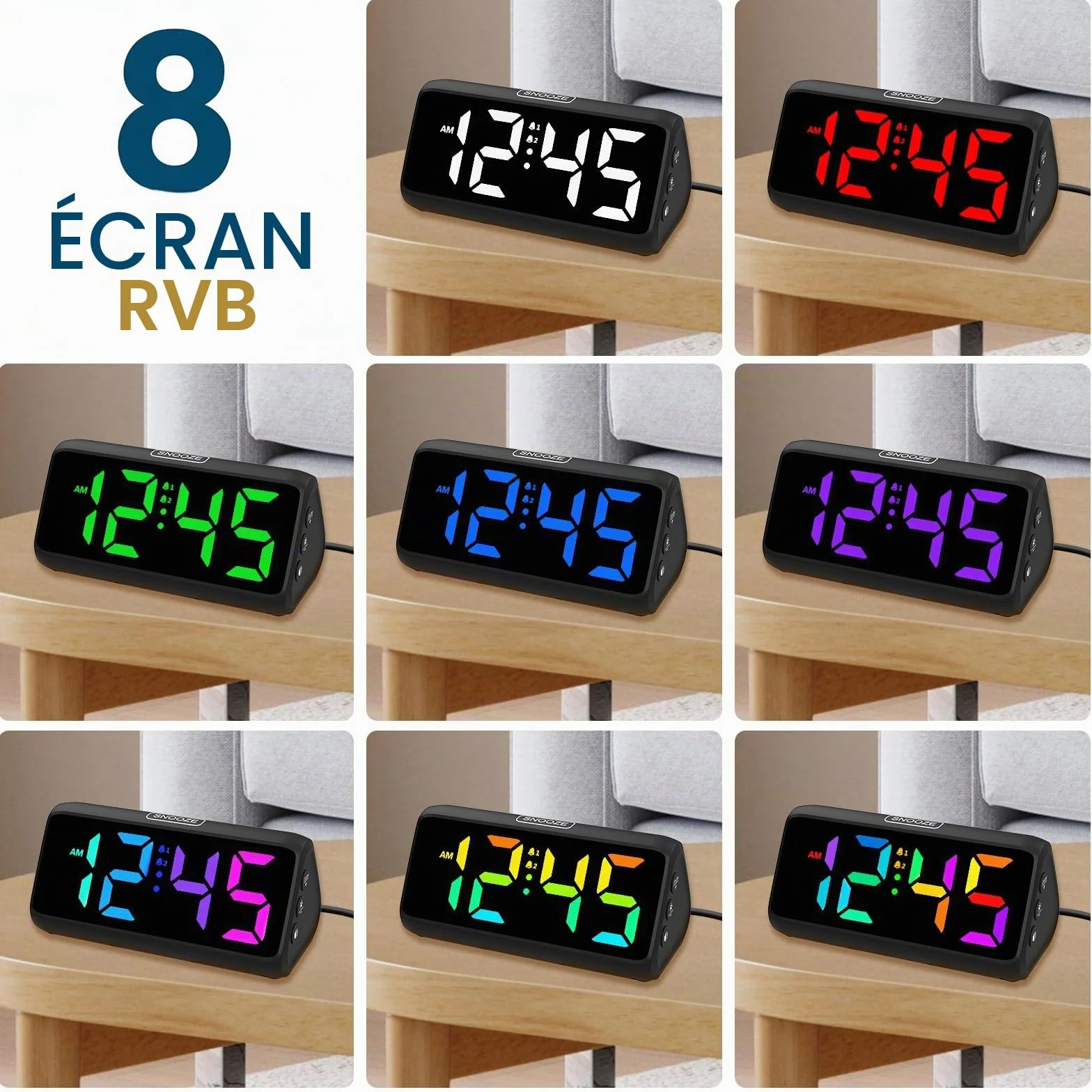 Netzu Réveil Forte pour Les Dormeurs Profonds, réveil RGB pour la Chambre, Réveil Numérique Enfichable avec 5 Niveaux de Luminosité, 4 Niveaux de Volume (Noir)