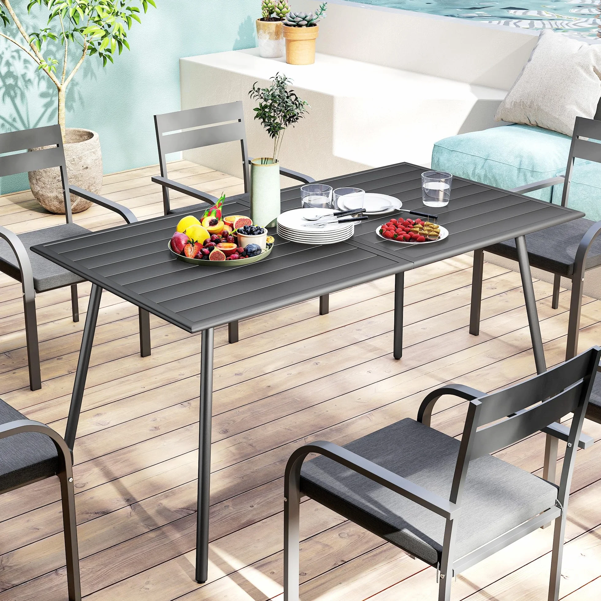 Outsunny Table à Manger de Jardin 150x80x74 cm Acier Anti-Rouille Gris