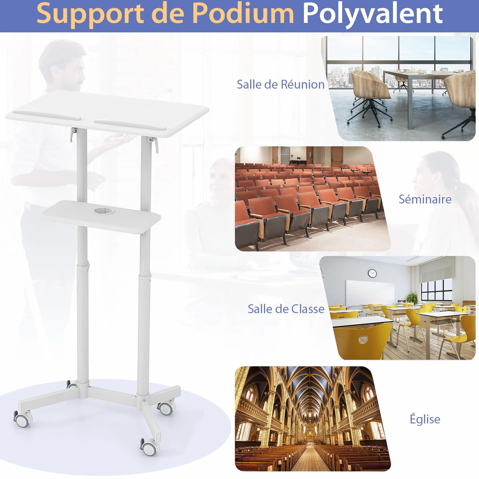 GYMAX Pupitre Mobile avec Roulettes Verrouillables, Hauteur Réglable 104-128cm, Plateau Inclinable Bureau Assis-Debout (Blanc)