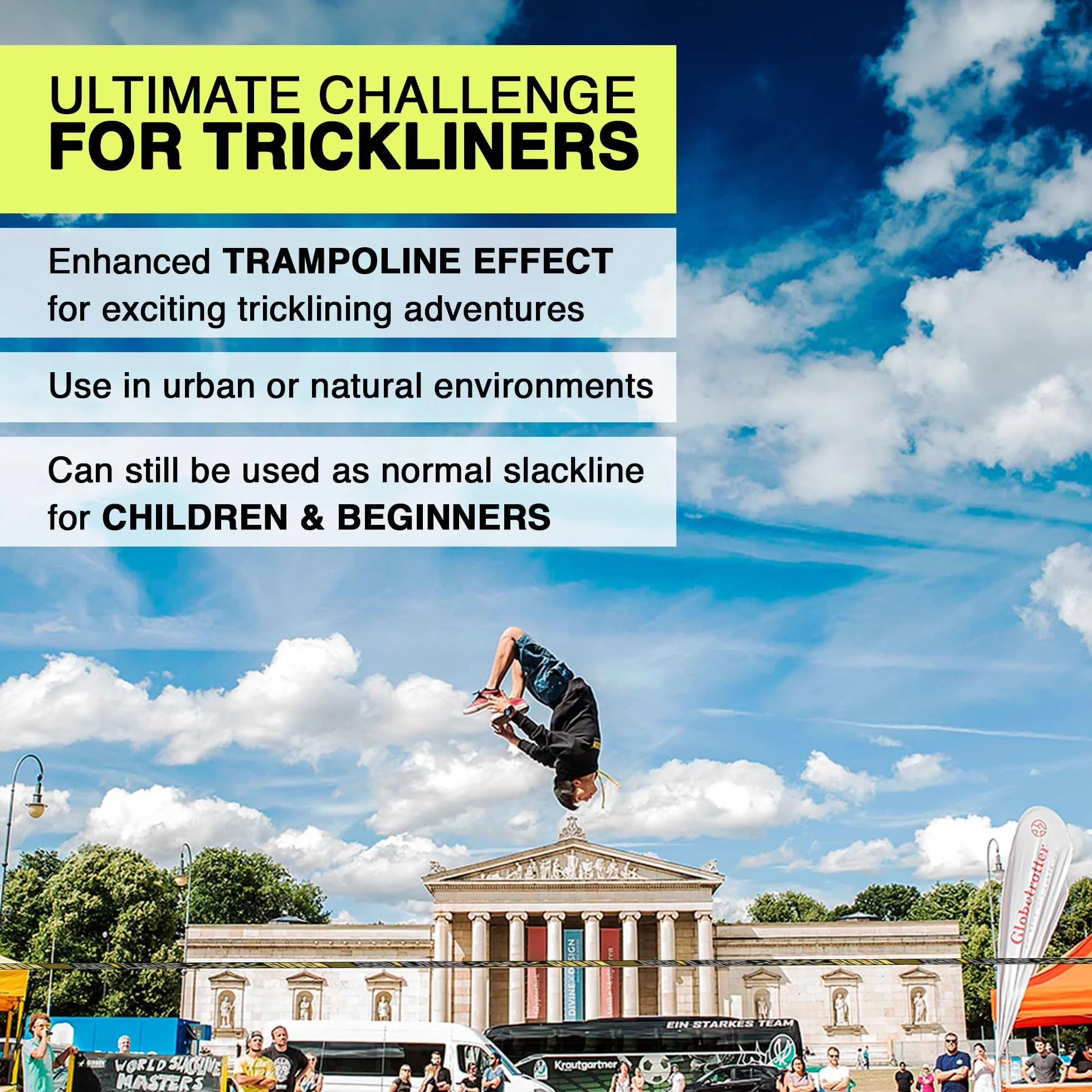 Gibbon Slacklines JibLine Set Trickline XL | 25 m (20 m + 2 x 2,5 m de bande à cliquet) | 2 cliquets | TreeWear | 5 cm de large | Impression antidérapante | Charge de rupture 30 Kn | Pour débutants et