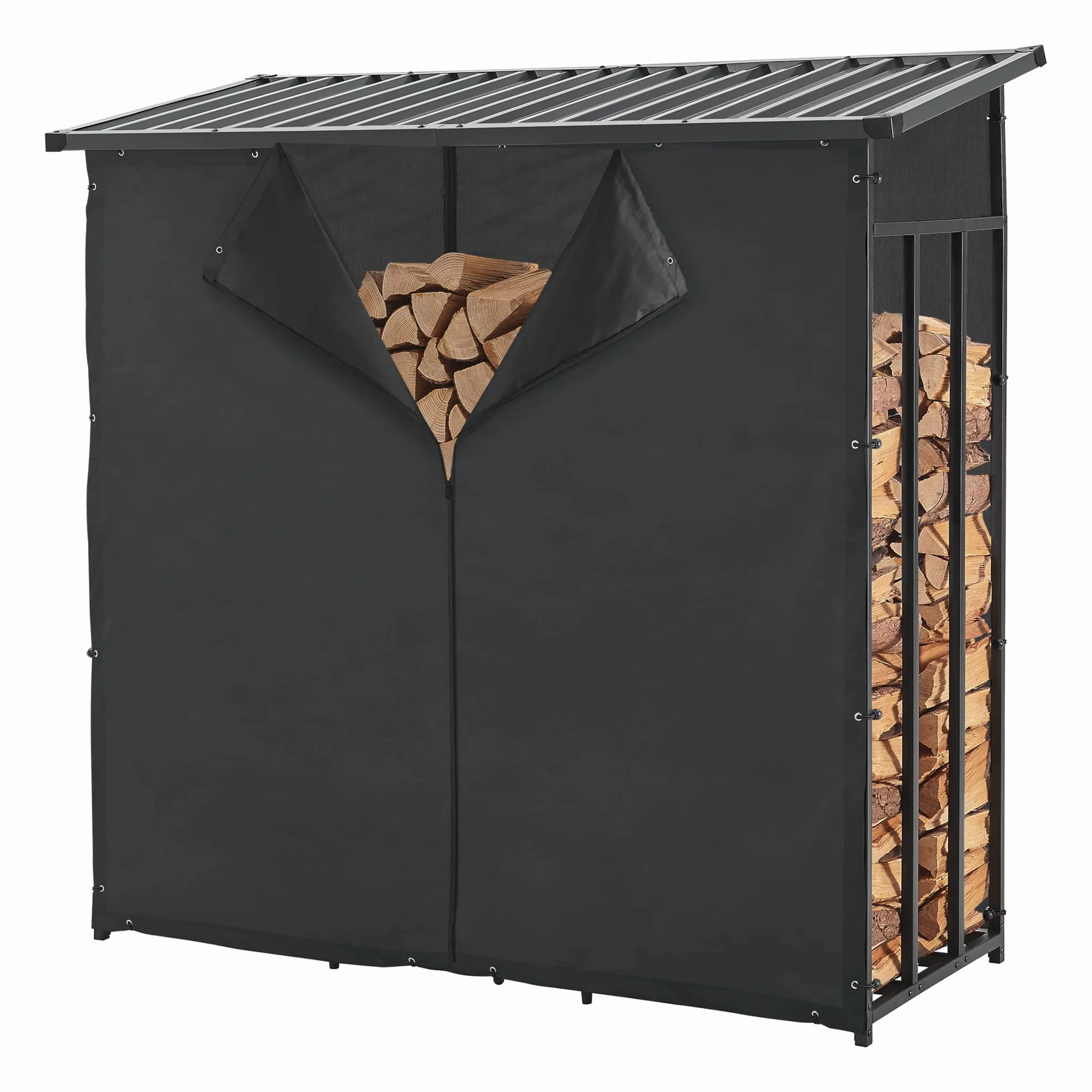 Abri-Bûches Couvert avec Housse de Protection Support Bois de Chauffage Acier Galvanisé Laqué Noir