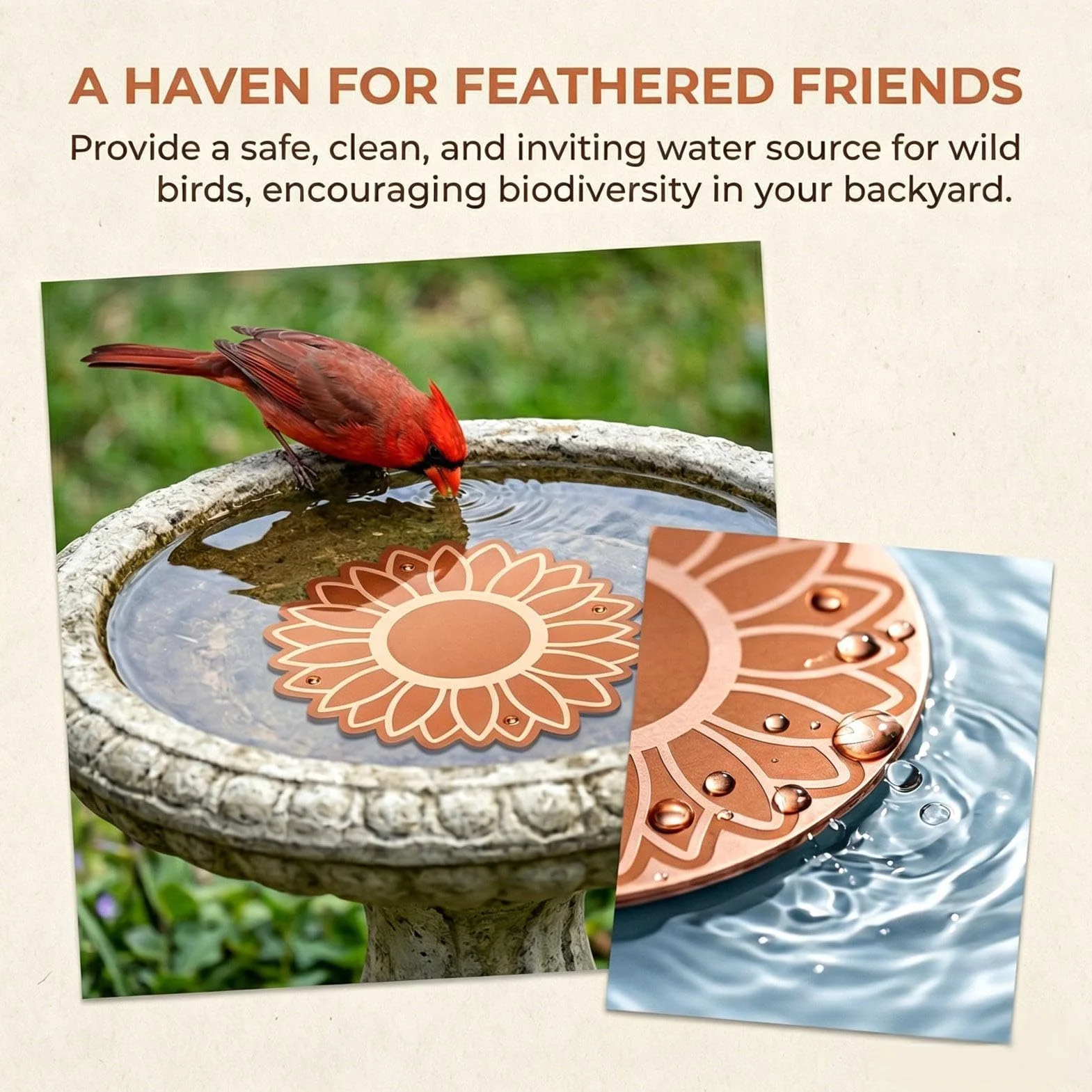 Bain d'oiseaux en cuivre universel avec disque de sécurité et plaques de nettoyage pour jardin, parc, balcon